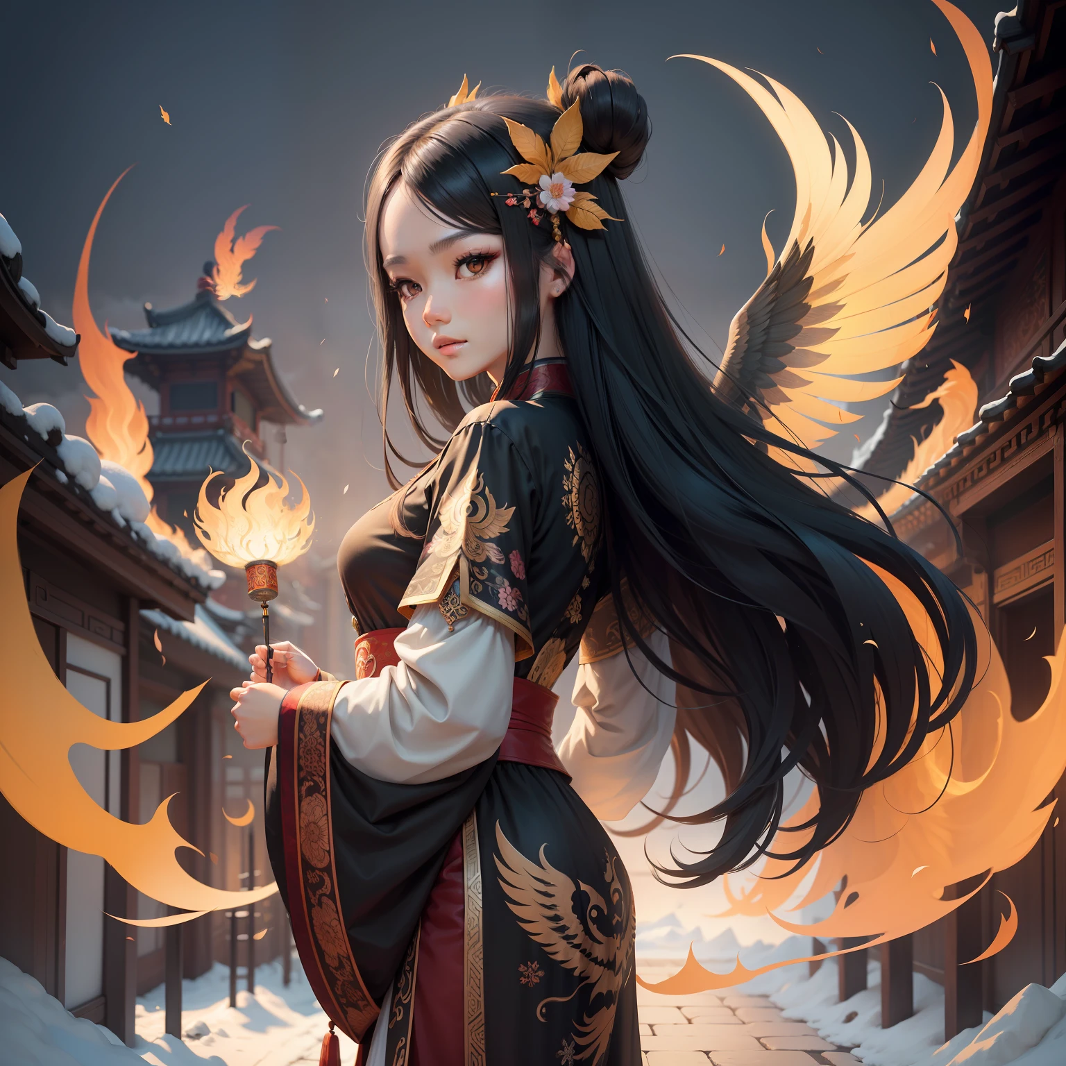 A girl with long black hair，The phoenix on the head fluttered like a butterfly， Ancient Chinese clothing with exquisite patterns， full bodyesbian，Mandala flowers，The wind ruffled her long hair， Snowy days，Snowflakes are flying all over the sky， Beautiful side face， Overlapping ancient Chinese architectural background， tmasterpiece， super detailing， Epic composition， hyper HD， high qulity， extremely detaile， offcial art，  8k 壁纸， super detailing， 32k