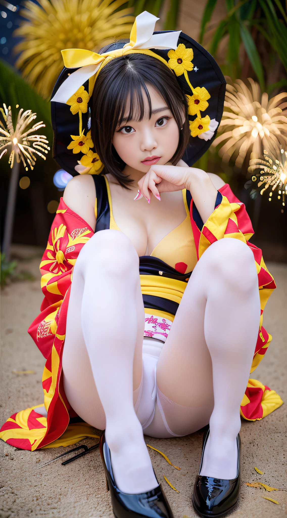 best qualtiy, masutepiece, 超A high resolution, (Photorealistic:1.4), Raw photo,8K, full body Esbian、full-shot、SFW、Fluffy wavy bob cut with long fluffy eyelashes、big bright blue eyes、Graceful figure、Beautiful Japan girl in the image of a geisha with wheat-colored hair,、I stand everywhere on the beach against fireworks. The gatte color of yellow and Japan shoes is yellow、 ((Girls' kimonos are、Intricate patterns of applique and sunflower embroidery are interwoven))、((large breasts with bulging bulge,,,))、The scene is very artistic、、In high resolution、The focus is clear and、、、、Artistic style of the Migiorni V5、hyperphotorealism、perfectly proportions、the golden ratio、f lare、outlines、 soft glow、softfocus、Photography Techniques Monocle、(Fireworks at night:1.4)、Beautiful starry sky:1.2.(Red high heels:1.3)、(night seaside:1.3)、(Yellow and floral bra:1.3)。(Yellow panties:1.2)、(Close the front of the yukata:1.4)、((White pantyhose:1.3))、((Open legs:1.5))、Sit with your buttocks on the ground、