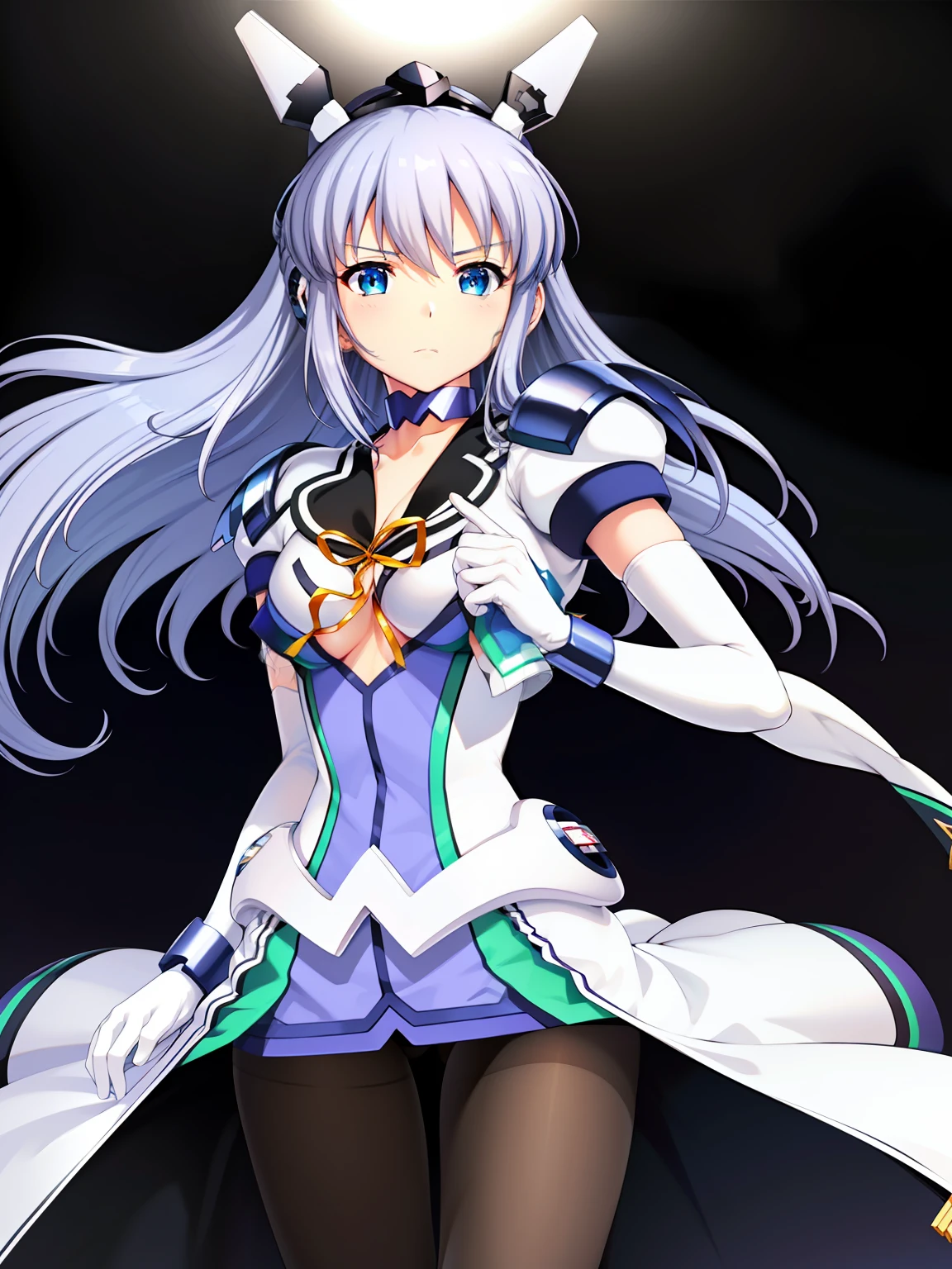 (hyper extreme detailed),(masterpeace),(hyper extreme),(photorealistic),CG,(colour), beautiful lighting,light from the front,solo,Symphonic_Sugar,light blue hair,navy blue eyes,hair ornament,long hair,white long glove,light blue short outfit,(black pantyhose),long skirt,(white high heel:0.8),petite,