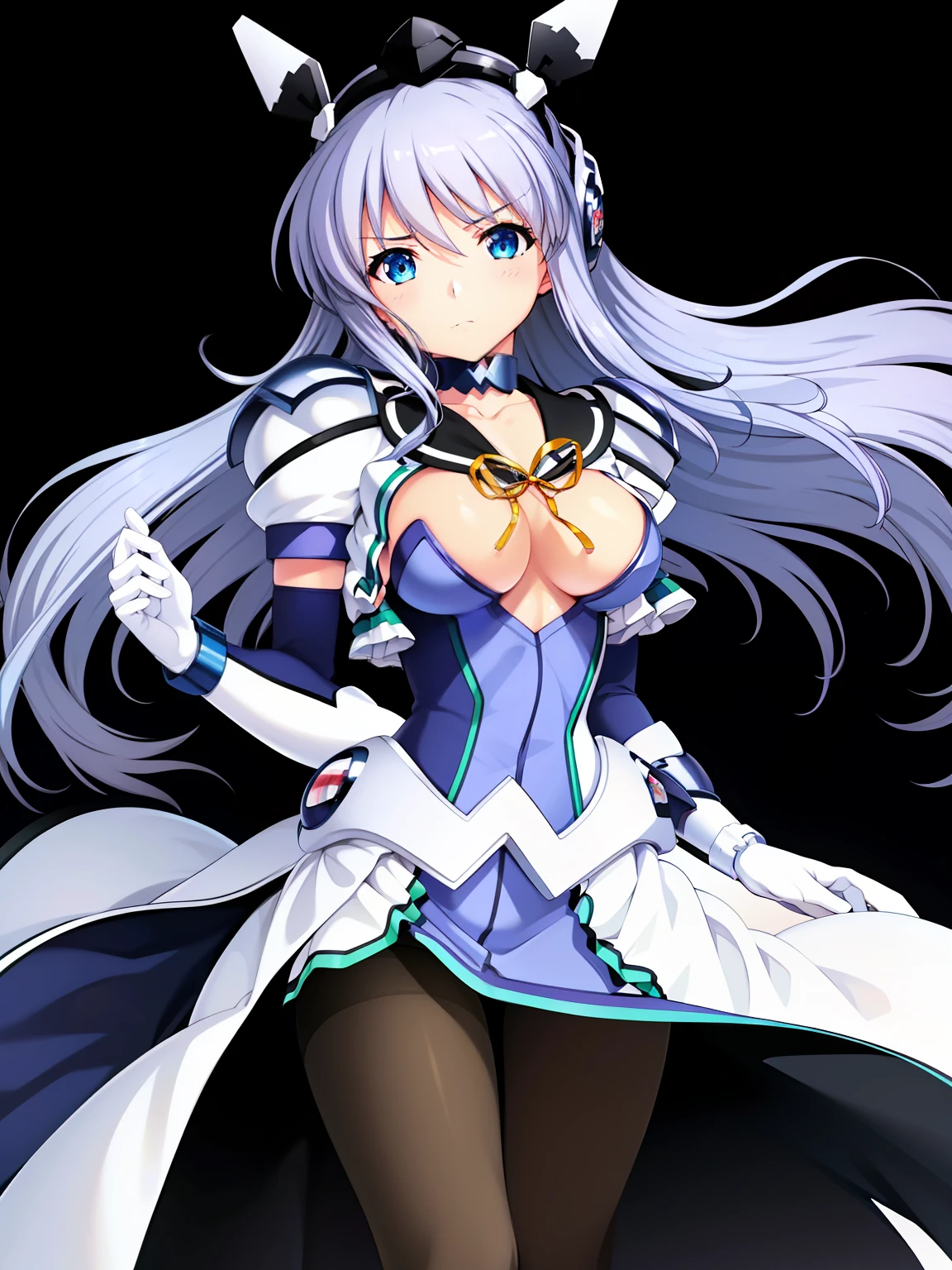 (hyper extreme detailed),(masterpeace),(hyper extreme),(photorealistic),CG,(colour), beautiful lighting,light from the front,solo,Symphonic_Sugar,light blue hair,navy blue eyes,hair ornament,long hair,white long glove,light blue short outfit,(black pantyhose),long skirt,(white high heel:0.8),petite,