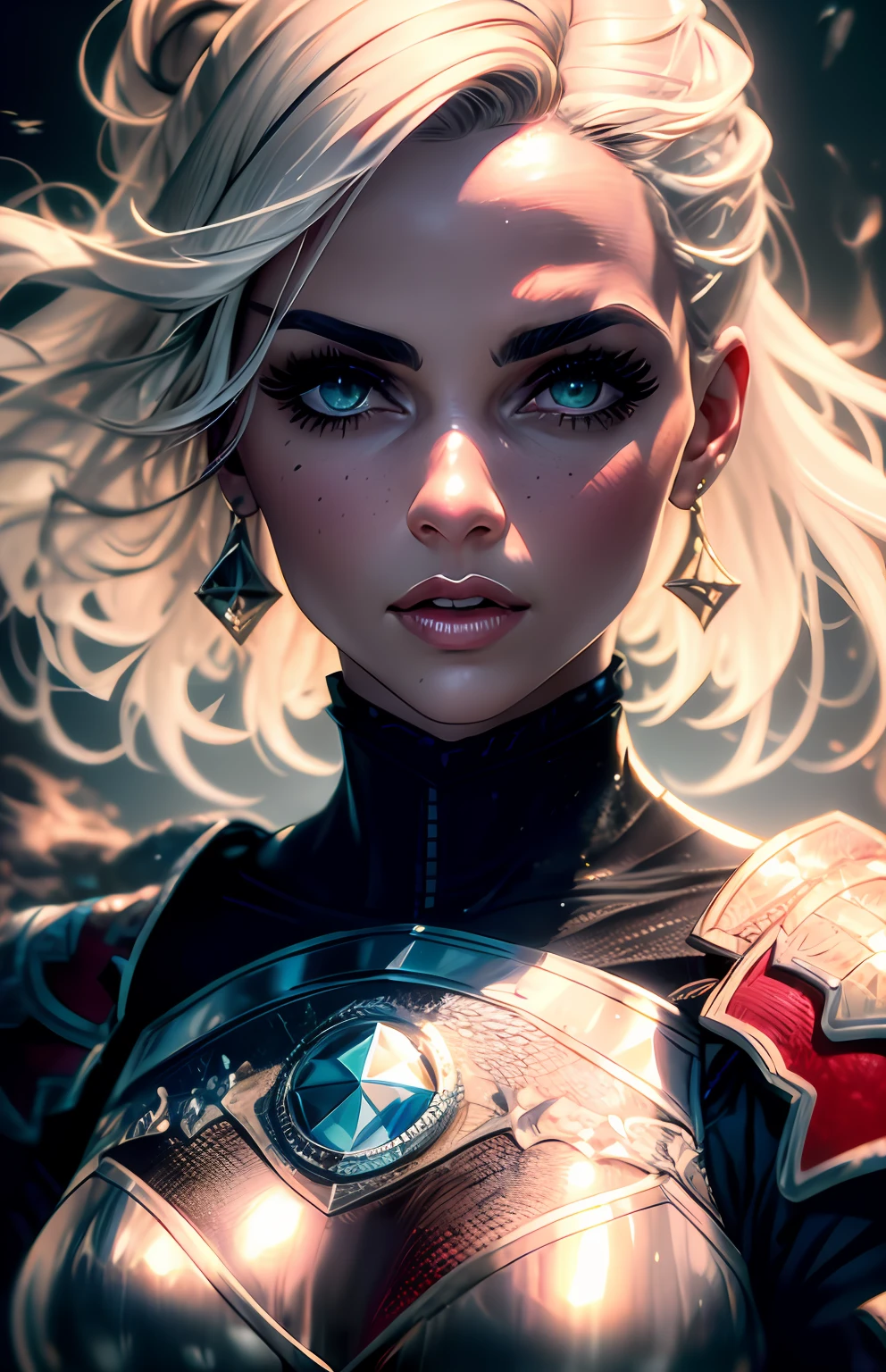 masterpiece, best quality, ultra-detailed, illustration, 1girl, cirilla, white hair, tied in ponytail,emerald green eyes, (close-up:0.5), straight on, face focus , highly detailed skin, standing, ), looking at viewer, black eyeliner, smokey eyes, (3D:0.5)