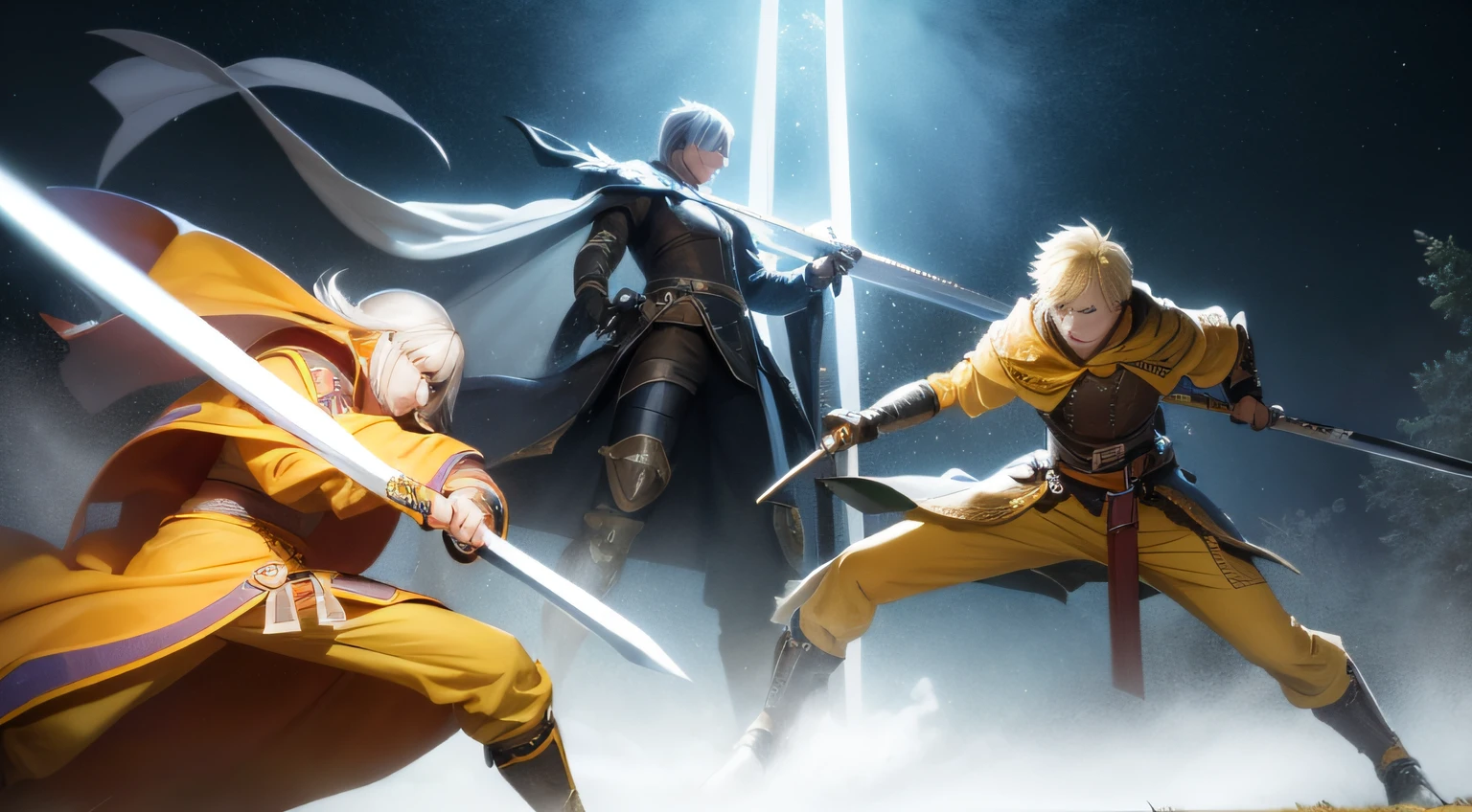 Valley Mist Surrounded Three-Man Battle Sword Magic Magnificent Scene Sword Glow Immortal Male Yellow Hair White Robe Small Details Realistic Scene Side Fierce Fight