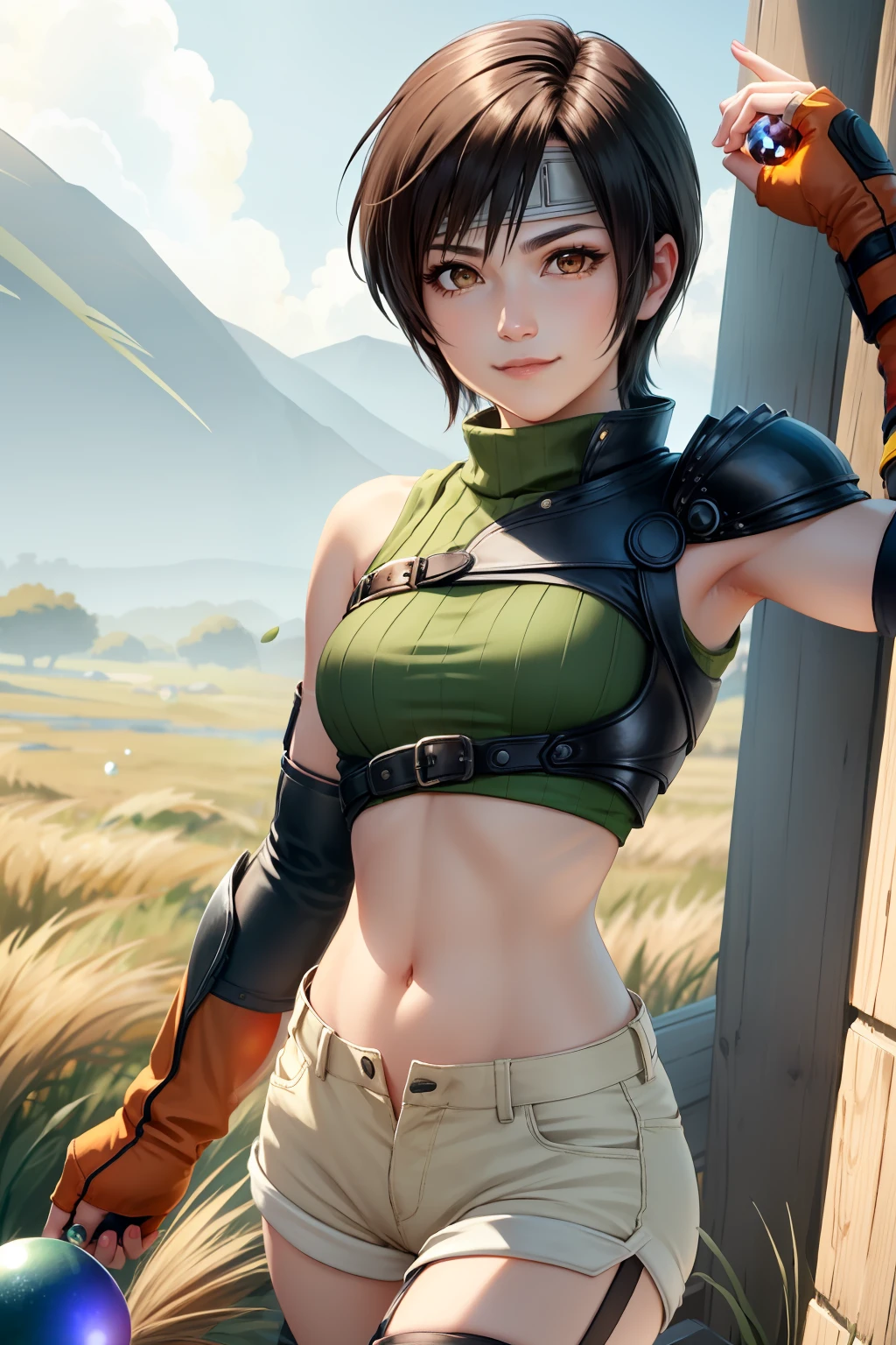 masterpiece, best quality, yuffie kisaragi, headband, green crop top, shoulder armor, armguard, fingerless gloves, tan shorts, single thighhigh, fishnets, upper body, looking at viewer, furrowed brow, smug smile, closed mouth, grass, bamboo, sky, holding up a small red crystal ball