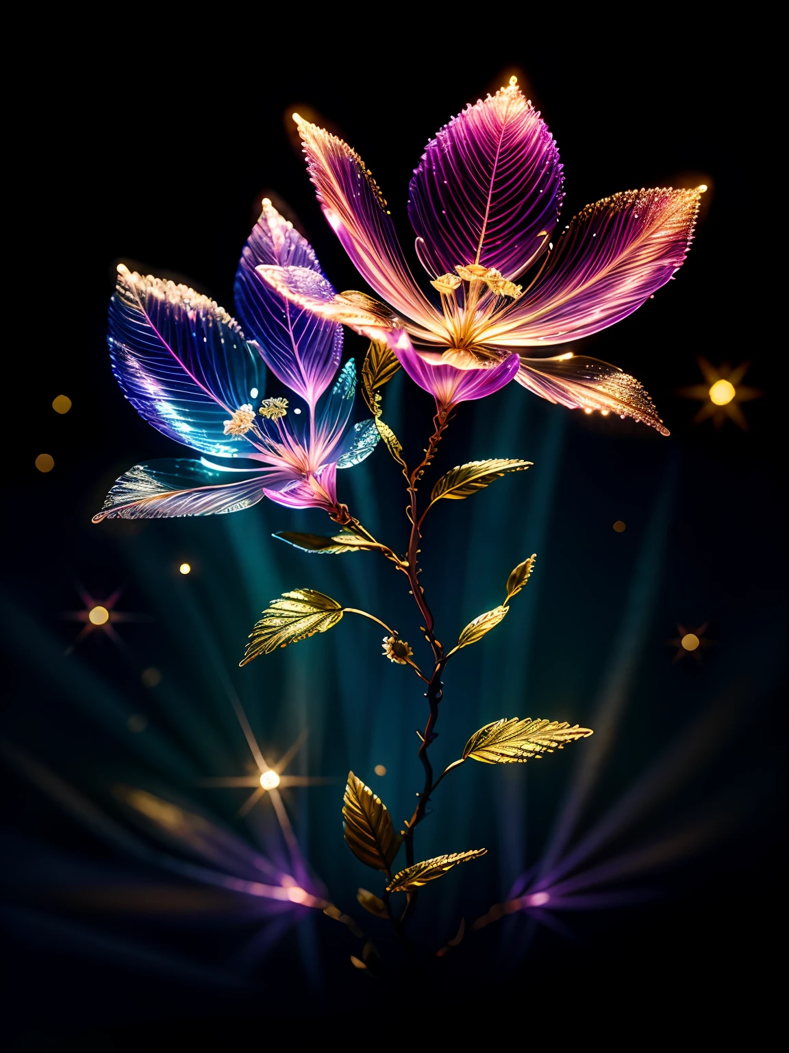 branch of delicate lilac flowers, super transparent, holy light, beautiful spectral light, petals glow, flashing, dark background, drops of transparent light, reflective light, bright, light streaming in, optics, portrait profile, sharp focus, magical, intricate, ultra realistic, fantasy, composition, light, trend on artstation, pearl, patronus cloud of silvery vapor, corrosive enveloping ray family, 8k, ureal ar 23v4 uplight