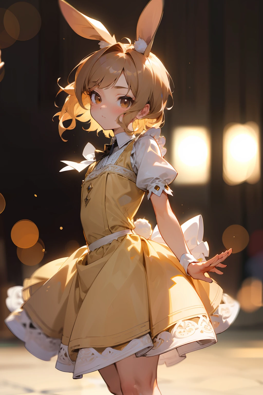 (masterpiece, best quality), intricate details, 8k, sharp focus, (bokeh) (best quality) (detailed skin:1.3) (intricate details) (8k) (detailed eyes) (anime) dark blonde hair, brown eyes, modern, short hair, wavy hair, dynamic pose, skinny, slim, petite, loli, rabbit, bunny, dress, skirt, modest