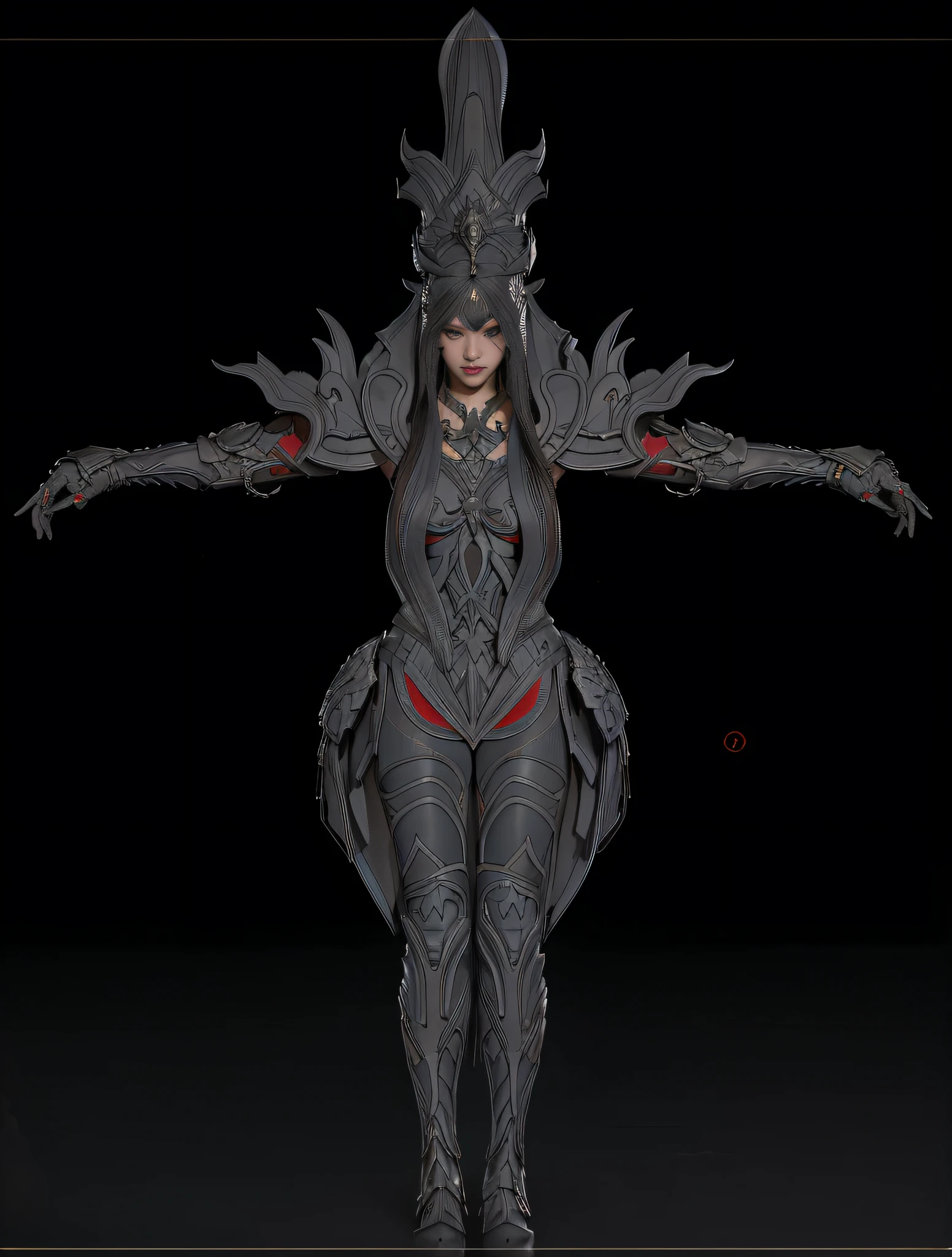 Close-up of a woman with long hair and a crown, hyper-detailed fantasy character, Goddess. Extremely high detail, zbrush contest winner, extreme detailed face and body, Winner of the Zrash Central Competition, 3 d goddess portrait, intricate wlop, Made with Zrash, Detailed face and body, extremely detailed goddess shot, @ zbrush, detailed matte fantasy portrait，Black metal textured armor，Red silk garment，The engraving details are intricate，The body proportions are perfect，Crown phoenix tiara，Cinematic lighting, Chiaroscuro, reflective light, Ray tracing，Full body like