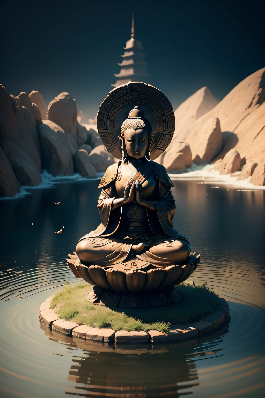 China-style，Traditional chinese painting, lotuses, Hanfu, a Buddhist Buddha，buddhism，Buddhist，Guanyin Bodhisattva，bodhisattva，Avalokitesvara，Avalokiteshvara，Guang Shiyin，Lotus seat，Escultura，Lotus Buddha seat，Sculpture in religious style，Flower modeling，Quaint，Stage effects，4K，Noble and elegant，Dappled light and shadow，The effect of water waves，Top-down view，commerciaphotography，Elegant style，4k