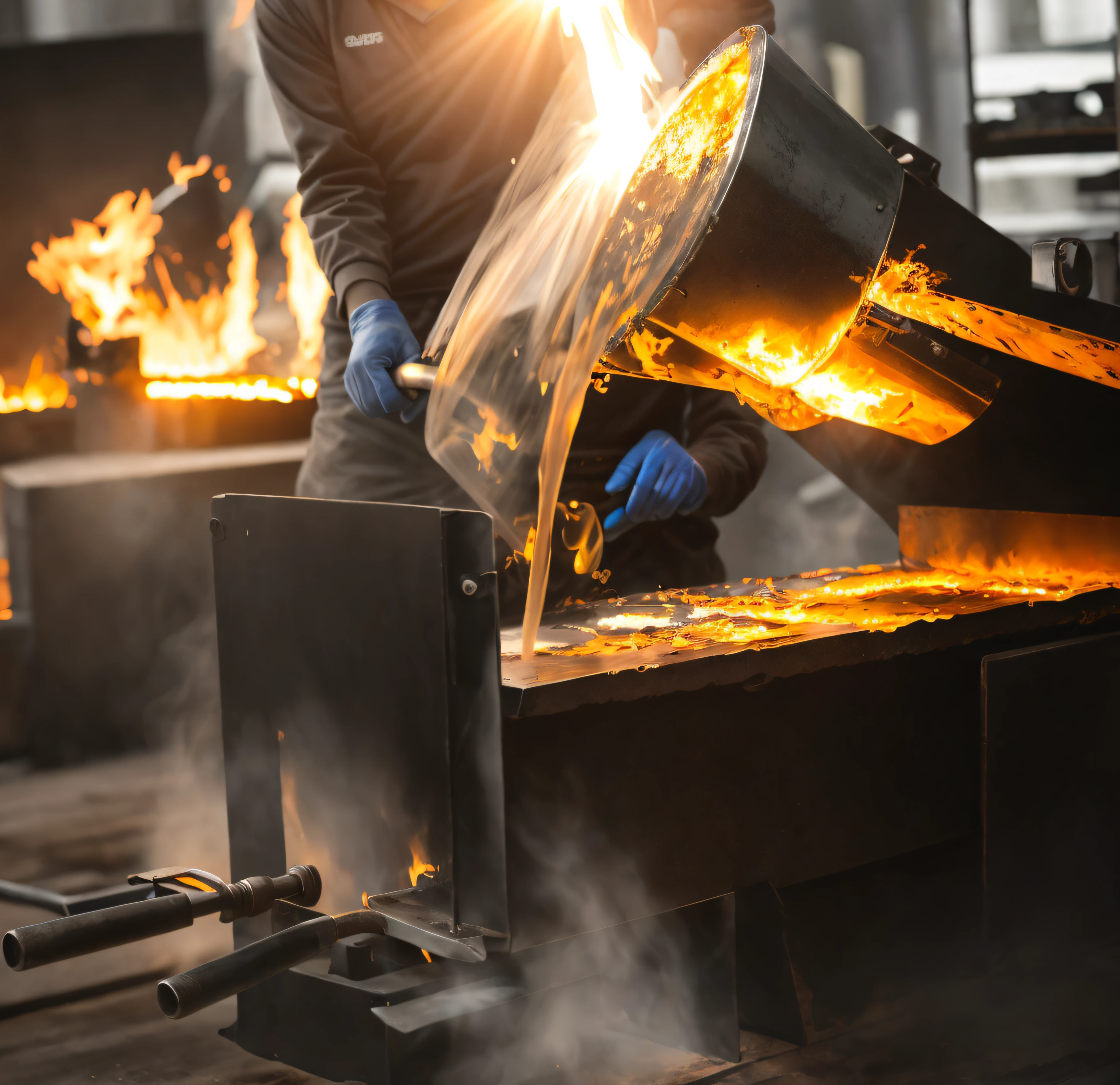 Close-up of a person pouring metallic liquid into a fire, cast iron material, Molten metal chamber, Work in a forge, industrial photography, smelters, molten glass, Blacksmith, Falsification, Bodybuilding blacksmith, blacksmith product design, Wang Chen, Molten plastic, welding torches for arms, molten, Male blacksmith，Ironmaking cast steel，Canon 5D shooting，Live-action style