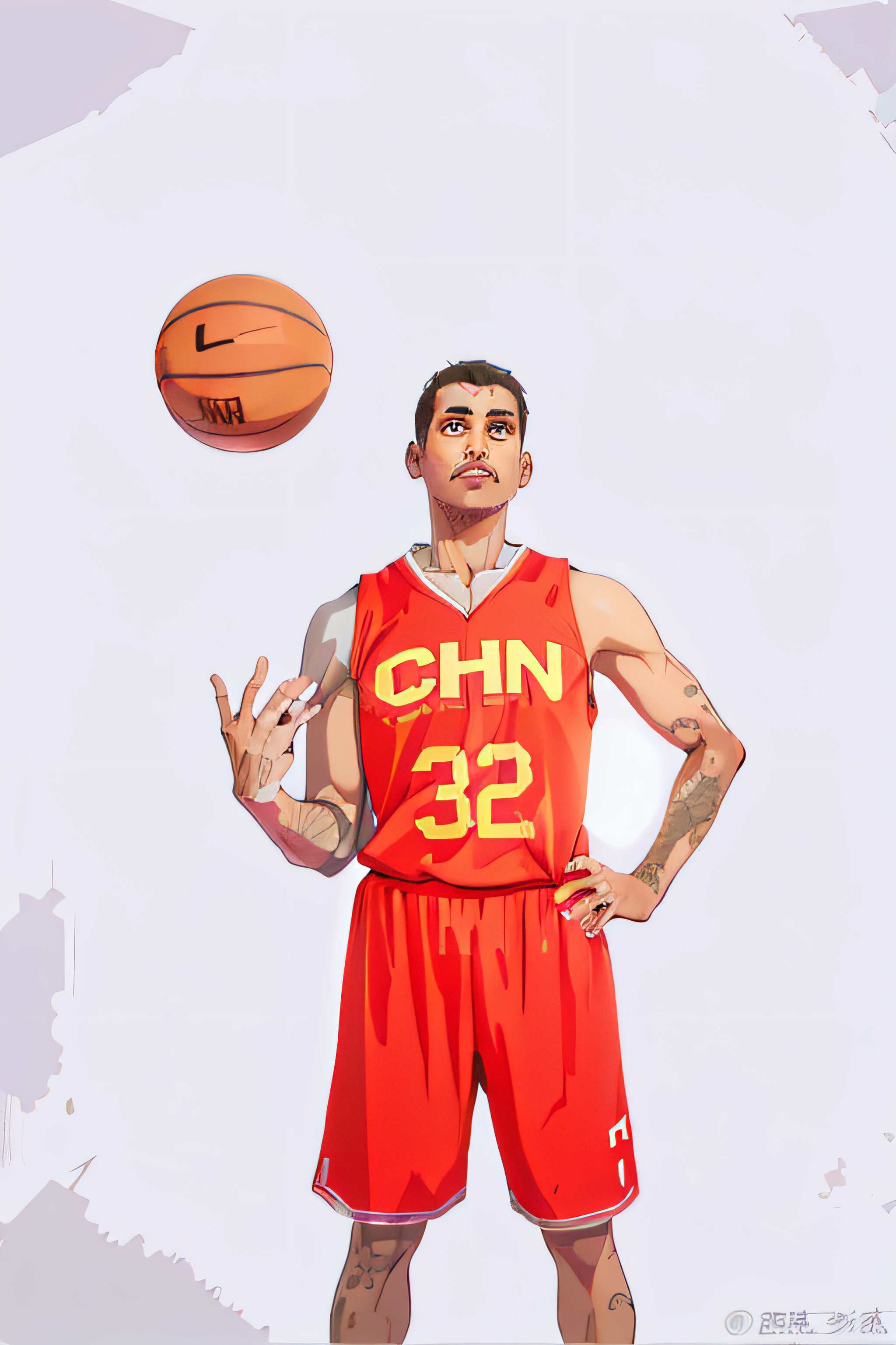 Basketball players,Linear illustration,Red jersey,It says CHN,Number 32 shirt