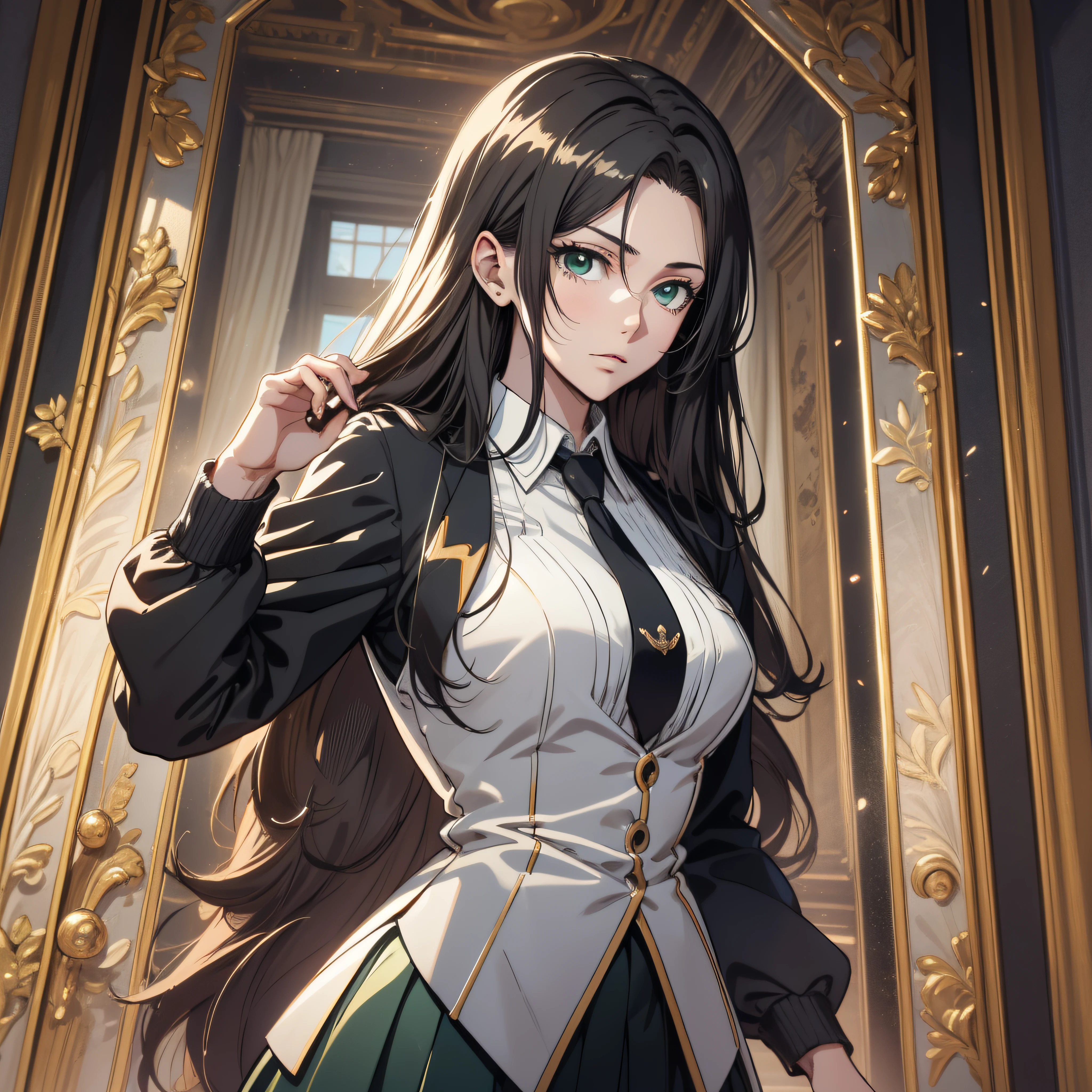 (best quality, masterpiece, ultra-detailed, extremely detailed, highres), 18 years old Anime girl, long raven hair, slightly wavy hair, parted bangs, Magus, green eyes, long black coat, white shirt, black skirt, necktie, aristocrat, noble attire, beautiful, ethereal, elegant, prestigious, classic, royal building, royal atmosphere
