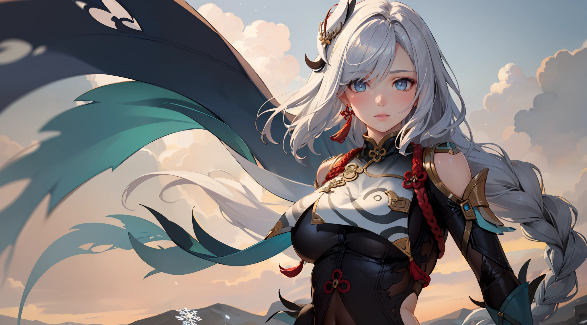 shenhedef, upper body, seductive look, blush, outdoors, snowflake scenery, looking at viewer, cloudy, moody lighting, (perfect detail eyes:1.2), glowing eyes, (long hair one braid:1.2), elemental skill effect, (Masterpiece, Best Quality, High Quality:1.4), professional artwork, Intricate Details, field of view, sharp focus, detailed painting, photorealistic lighting, trending on pixiv, (vivid lighting, vibrant colors:1.05), realistic shadows, ambient occlusion, (athletic body:1.3), mature woman, 30yo, torn clothes