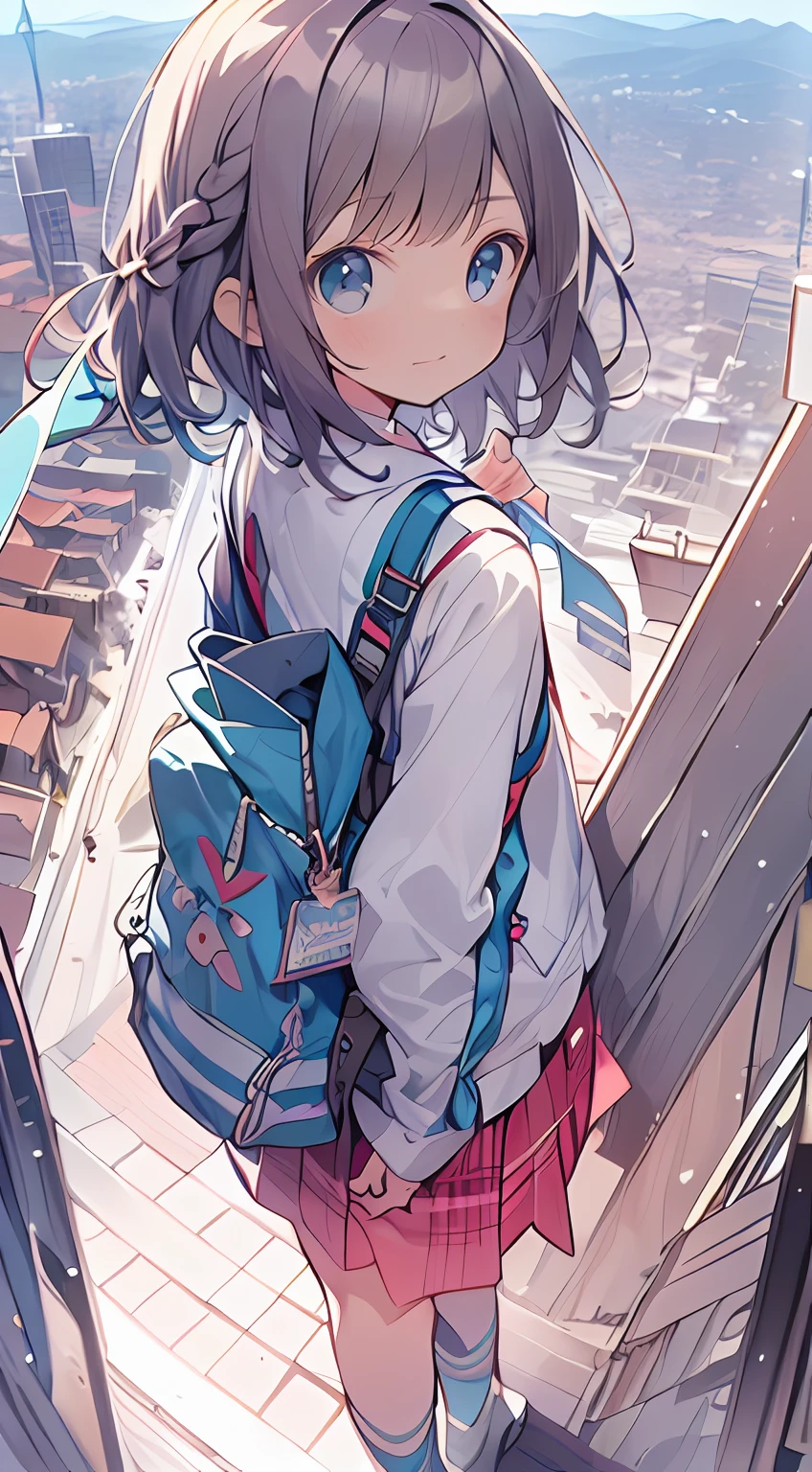masutepiece, Best Quality,Illustration, Wallpaper, Ultra Detail, absurderes, 1little girl、 Solo, (Medium short hair、short braided hair), Beautiful ultra-detailed eyes , Hair fluttering in the wind、nffsw、 Beautiful sky、(a panoramic view:1.5)