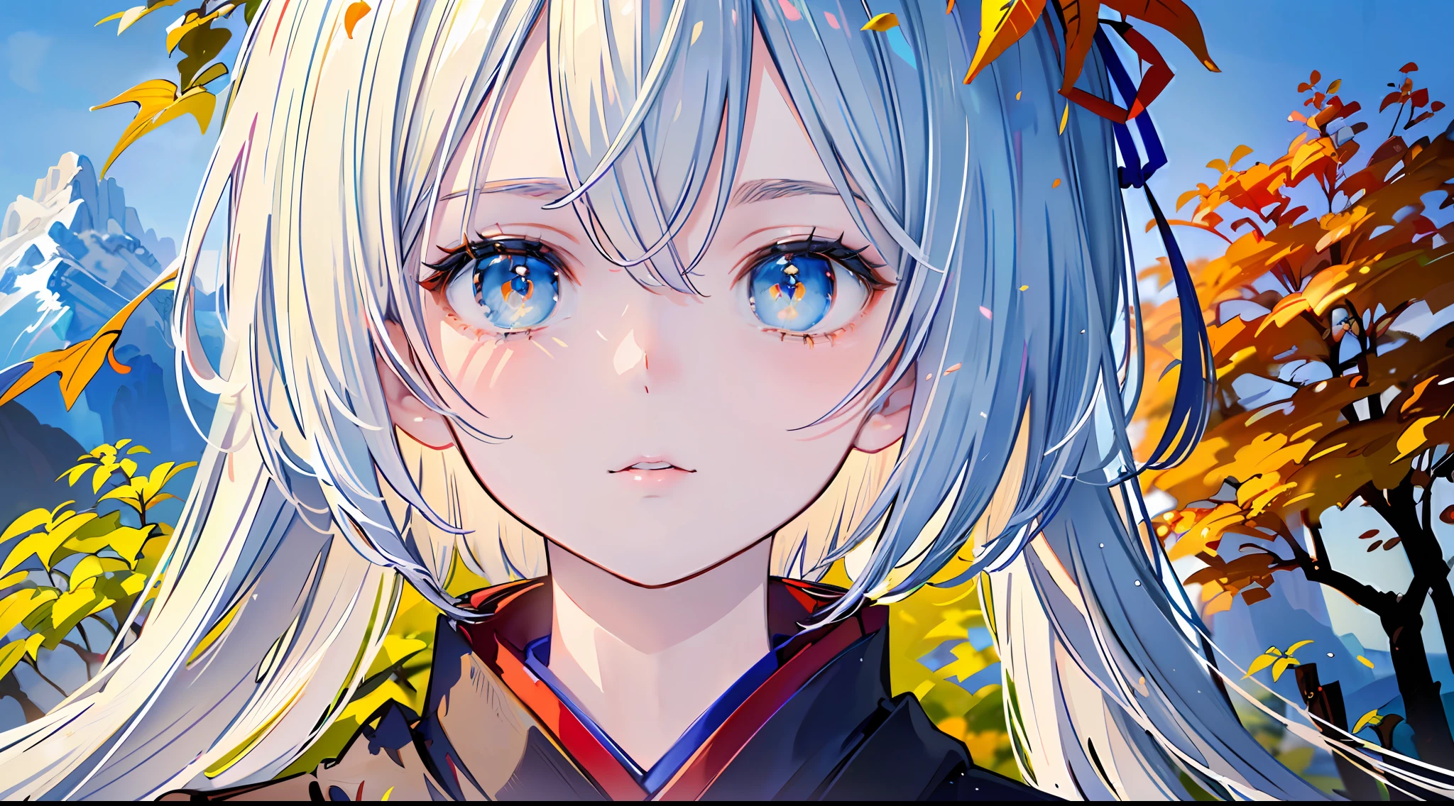 (Masterpiece, top quality, super detailed CG, ultra detailed beautiful face and eyes,super detailed, intricate details:1.2), 8k wallpapers, elaborate features,
(1 person, solo:1.4)perfect cartoon illustration,(1 person, solo:1.4)
(realistic textures:0.8), high res, 1 girl, kimono, autumn, many trees, dancing leaves, mountains, describe the whole body.