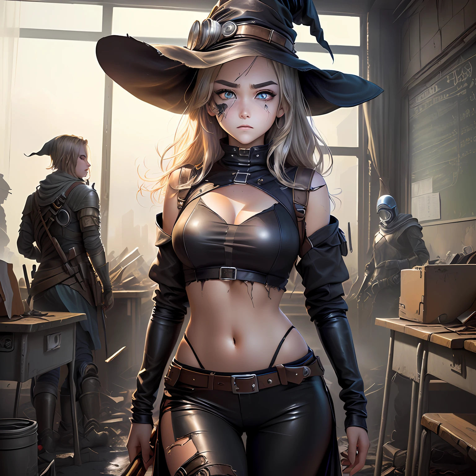 ((masterpiece))), (((best quality))), ((ultra-detailed)), ((highly detailed CG illustration)))), ((extremely delicate and beautiful face)),(masked ), cinematic light, absurd clothes, 1 young girl, ( (character sheet)), concept art, ((full height)), (masterpiece: 1.2), (best quality: 1.3), (single background, white background: 1.3),( CHARACTERS OF THE POST-APOCALYPTIC WORLD OF WASTELANDS)))), (( Characters WANDERERS RAIDERS)), ( MAD MAX concepts))))), (( beautiful face)), (( quality face)), (((beautiful anime eyes of characters))) , ( high-quality anime eyes of characters), (((high-quality anime pupils)), (beautiful anime pupils)), (( beautiful shape of anime eyes)), (( beautiful shape of anime pupils)), (( all faces with anime eyes)), ( simple anime eyes of characters)))), (bare skirt),(( very erotic pose))) , (( post-apocalyptic wastelands)))) frenzied, bright hair, old clothes atmosphere of the post-apocalyptic world, (((( extremely embarrassed face))), (( covers the body)) , ((( extremely embarrassed face))),(surprised eyebrows),(sad eyebrows),(evil eyebrows),( character of the post-apocalypse world))))( maximum torn clothes ), ( the universe of the post-apocalyptic world) ,(excited face)))), ((comic)),((background in school))), ((background of the desk))), ((background of large windows)), (witch costumes))), ((witch hat)), (long skirt)))), ((leather pants)))