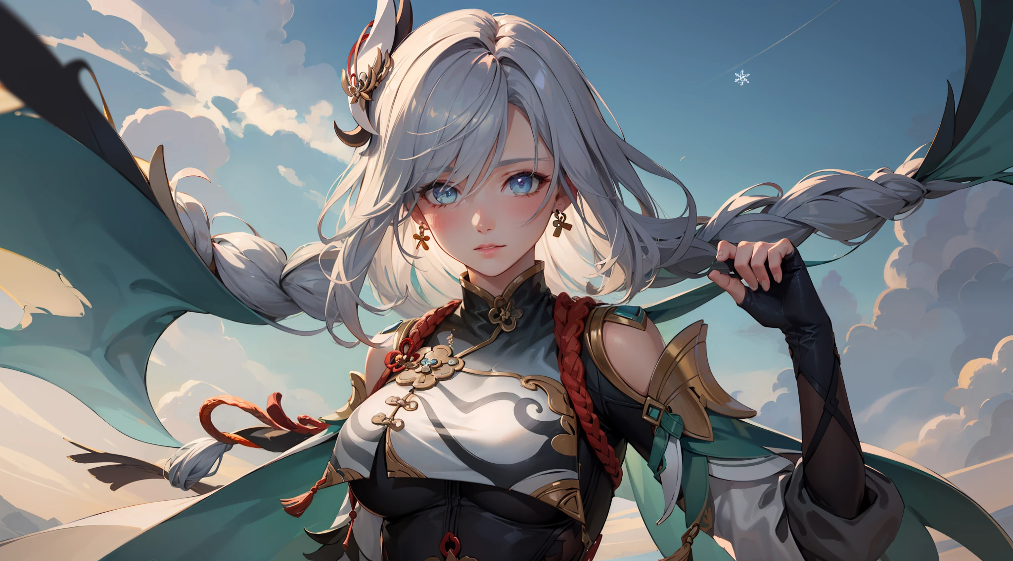 shenhedef, upper body, seductive look, blush, outdoors, snowflake scenery, looking at viewer, cloudy, moody lighting, (perfect detail eyes:1.2), glowing eyes, (long hair one braid:1.2), elemental skill effect, (Masterpiece, Best Quality, High Quality:1.4), professional artwork, Intricate Details, field of view, sharp focus, detailed painting, photorealistic lighting, trending on pixiv, (vivid lighting, vibrant colors:1.05), realistic shadows, ambient occlusion, (athletic body:1.3), mature woman, 30yo, torn clothes