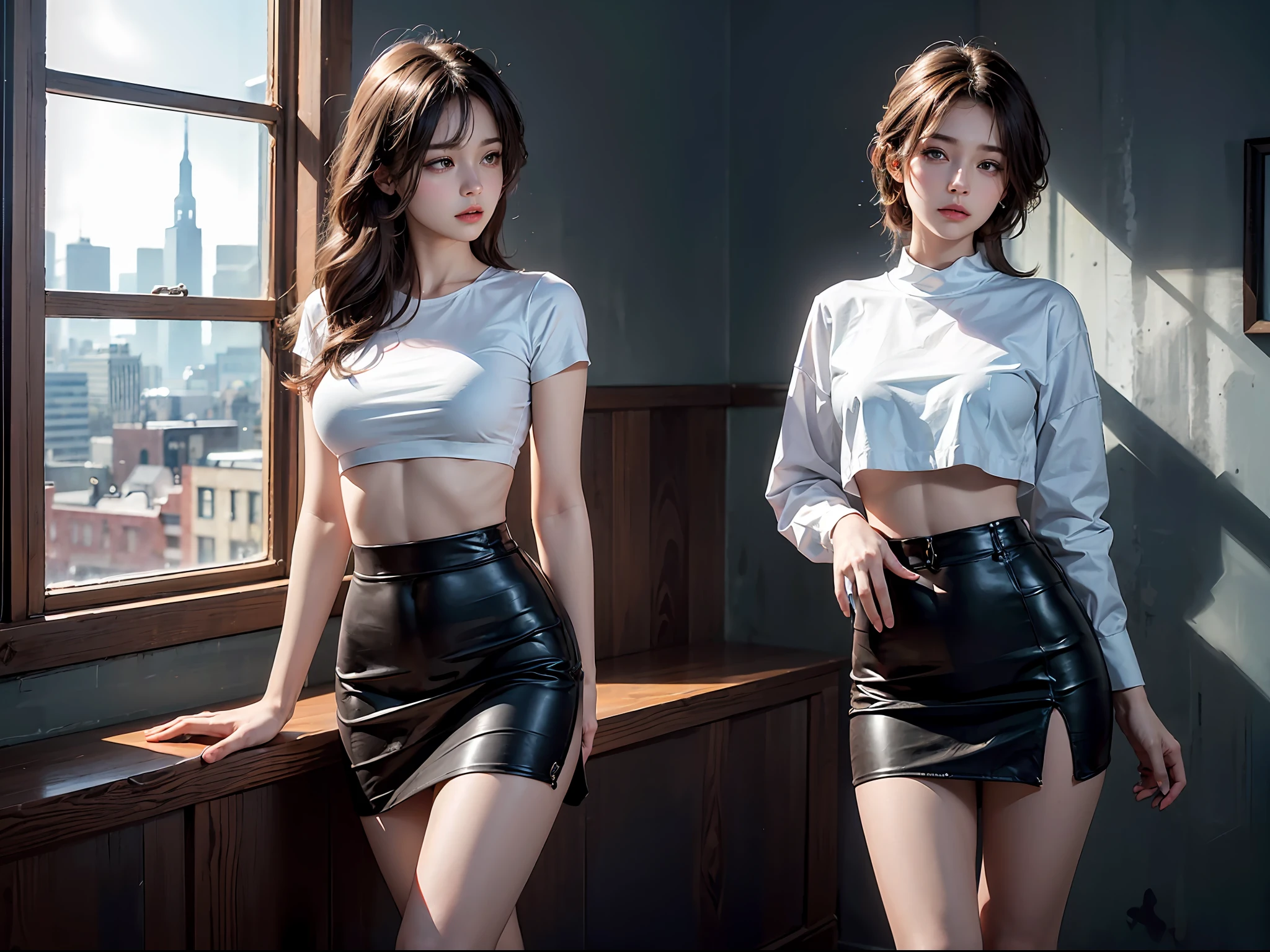 Masterpiece,Best quality,offcial art,Extremely detailed CG unified 8K wallpaper, (hdr:1.4), (Cinematic), (Pastel colors, dim colors, soothing tones:1.3), professional lighting, radiosity,((1girl)),indoors, cityscape, sunlight, best quality, highly detailed, masterpiece, ultra-detailed, illustration, realistic, an extremely delicate and beautiful girl, beautiful detailed eyes,8k_wallpaper,beautiful detailed girl, looking at viewers, messy hair, large breasts, from blow, long legs,  ((undersized crop top)), (( focus)), ((high waist miniskirt left up)), ((under boob)), spread leg,
