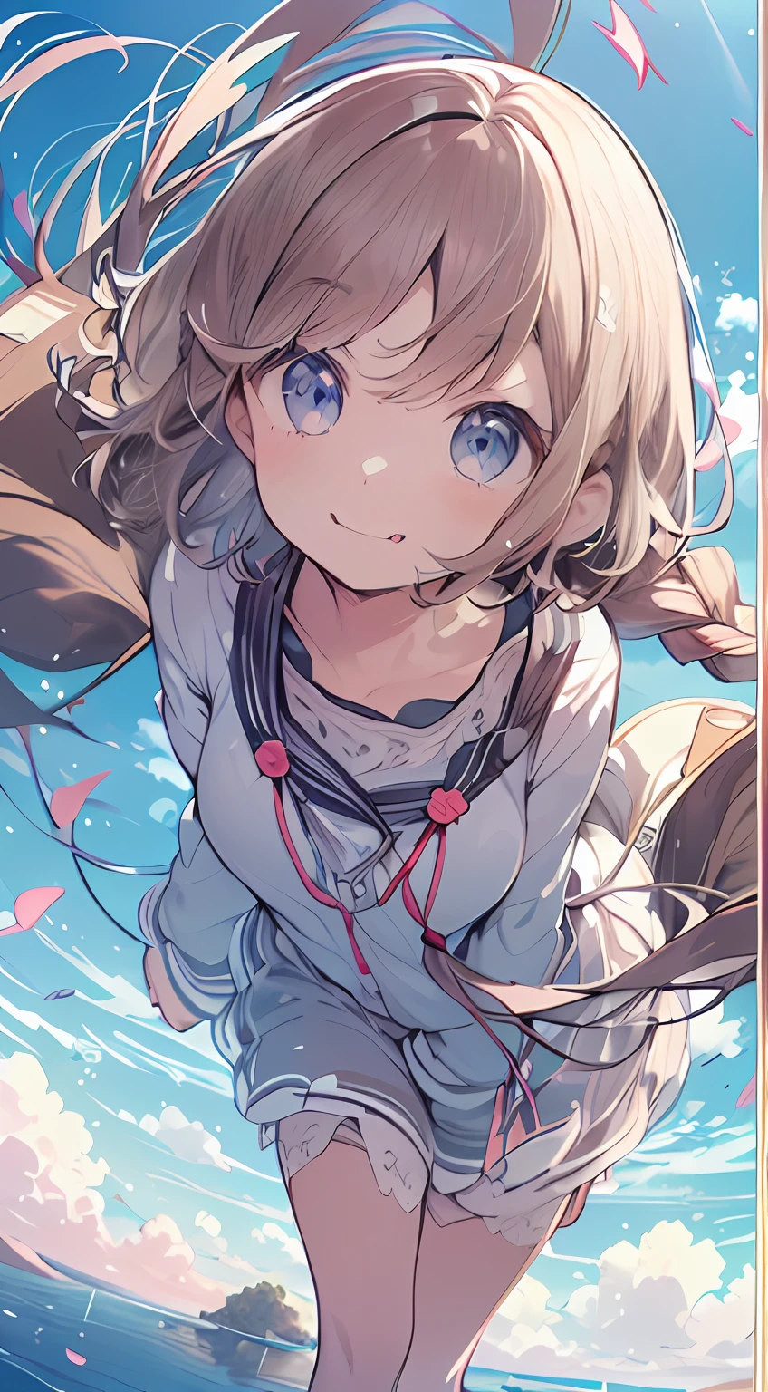 masutepiece, Best Quality,Illustration, Wallpaper, Ultra Detail, absurderes, 1little girl、 Solo, (Medium short hair、short braided hair), Beautiful ultra-detailed eyes , Hair fluttering in the wind、:P、 Beautiful sky、(a panoramic view:1.5)