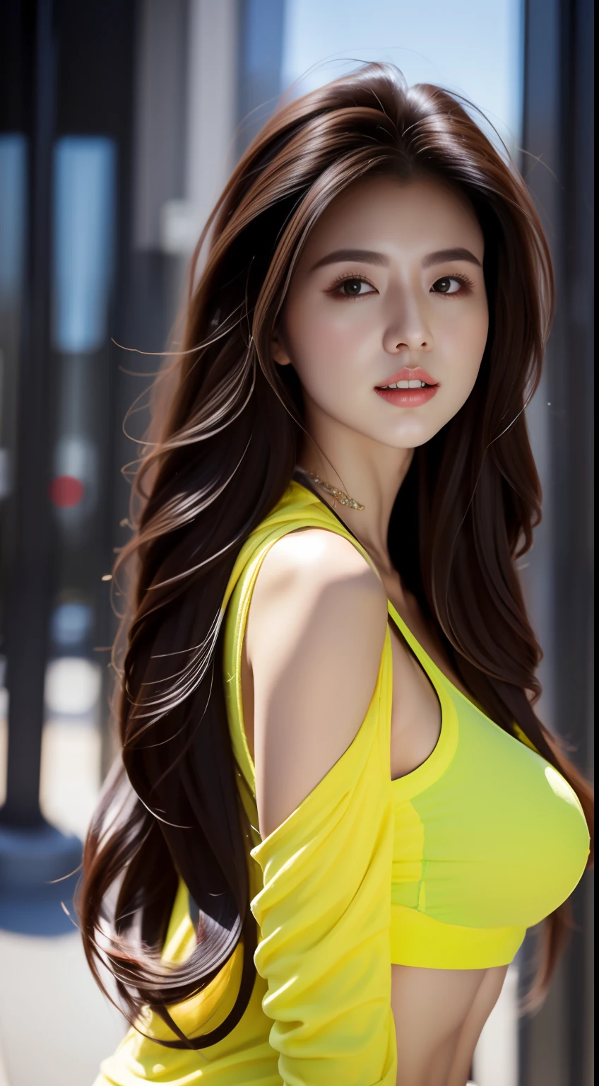 1girll，hoody，Long hair，cropped shoulders，feathers hair ornament，headphones around their necks，城市，the night，exteriors，huge tit，Bigchest，frontage，
