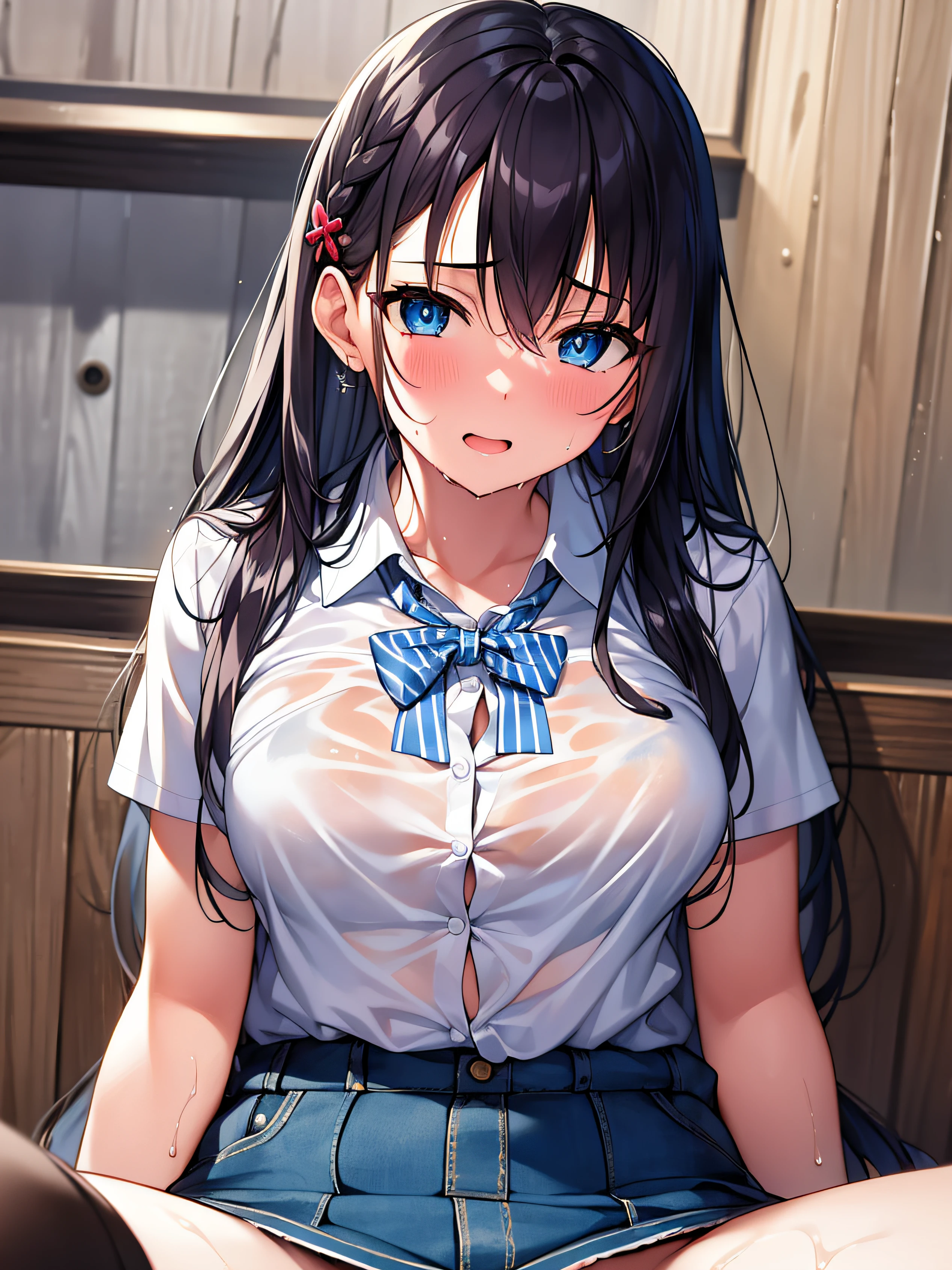 masterpiece, top-quality, The ultra -The high-definition, Top resolution, ighly detailed, profetional lighting, cowboy shot、frombelow、masturbation, grabbing her own breasts, 1 girl in, tiny girl, a very cute, Spread your legs apart、raise her legs、A dark-haired, semi long hair, hair adornments, hair pin, student clothes、Wet clothes、open-shirt、perspiring, blue eyess, red blush,