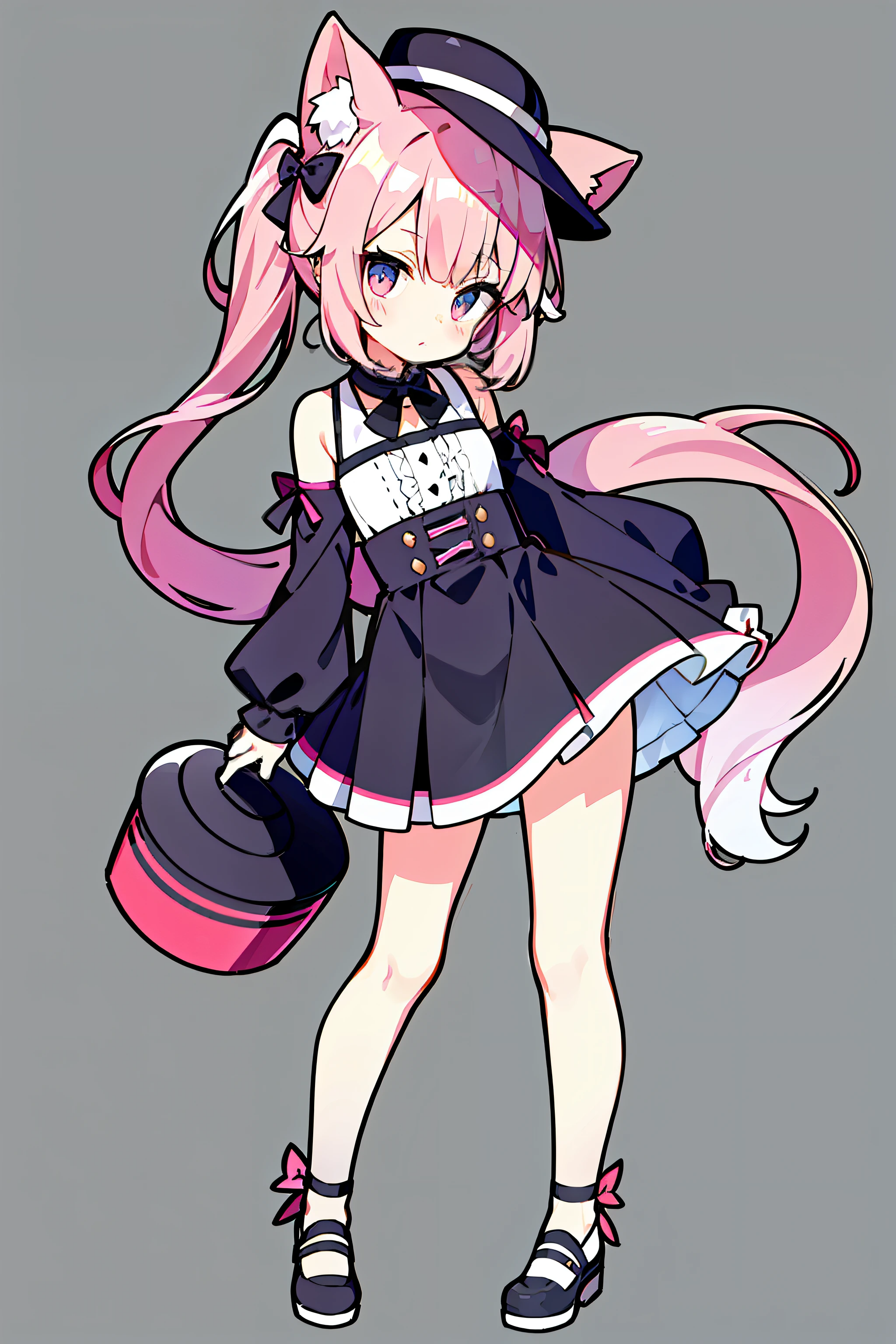Chattotori, 1girll, pink sleeve, 独奏,Cat ears, Long ponytail,Gorgeous cake dress, full bodyesbian,adolable, a skirt, looking at viewert, shift dresses, exposed bare shoulders, Bare legs, Beautiful detailed eyes, Be red in the face, standing on your feet, 鎖骨, No shoulder strap, bucket-hat, Footwear, leges, frilld, flatchest, short skirt, Bow knot, longer sleeves, arms at sides, beatiful background,