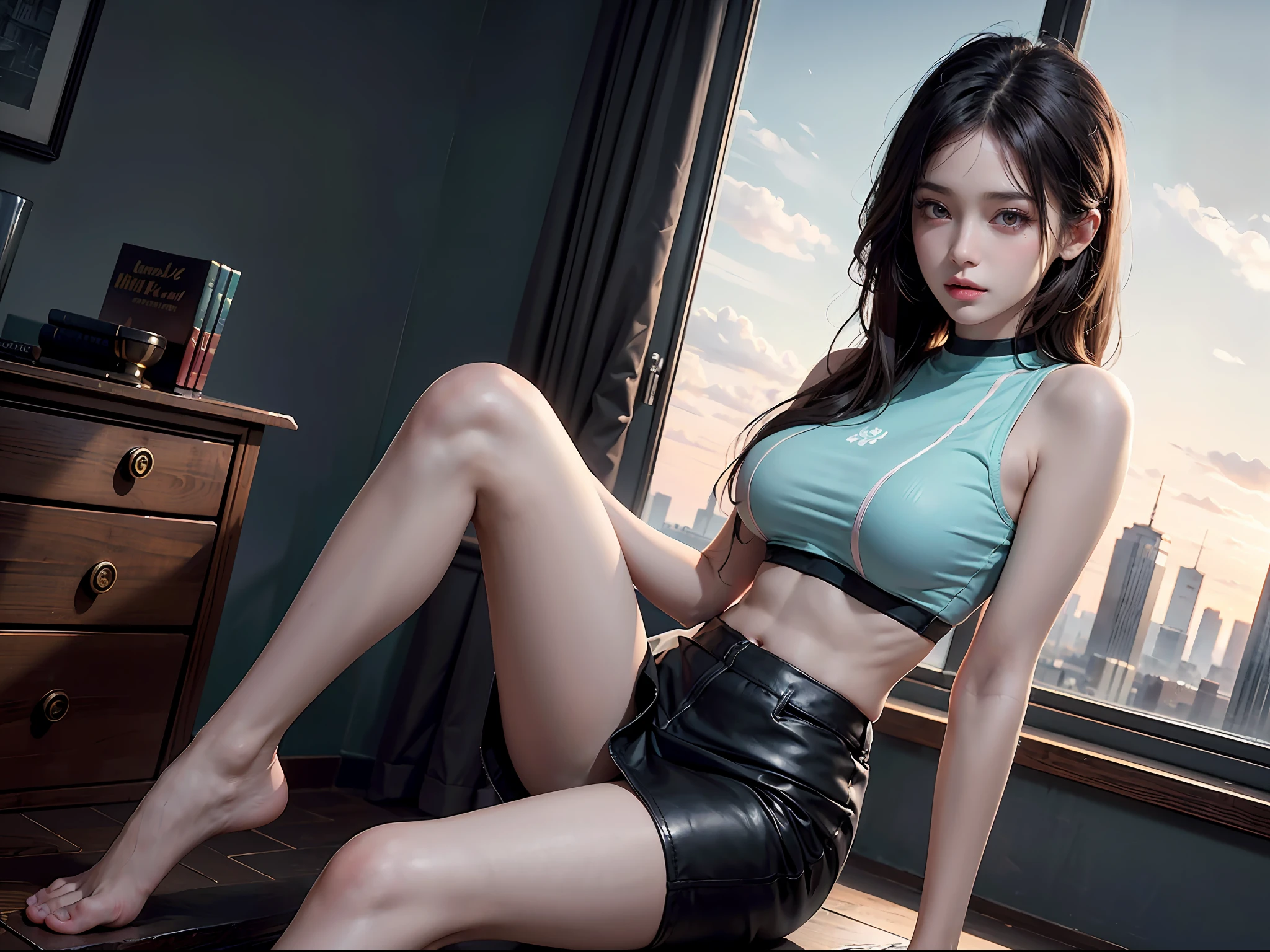 Masterpiece,Best quality,offcial art,Extremely detailed CG unified 8K wallpaper, (hdr:1.4), (Cinematic), (Pastel colors, dim colors, soothing tones:1.3), professional lighting, radiosity,((1girl)),indoors, cityscape, sunlight, best quality, highly detailed, masterpiece, ultra-detailed, illustration, realistic, an extremely delicate and beautiful girl, beautiful detailed eyes,8k_wallpaper,beautiful detailed girl, looking at viewers, messy hair, large breasts, from blow, long legs,  ((undersized crop top)), (( focus)), ((high waist miniskirt left up)), ((under boob)), spread leg,