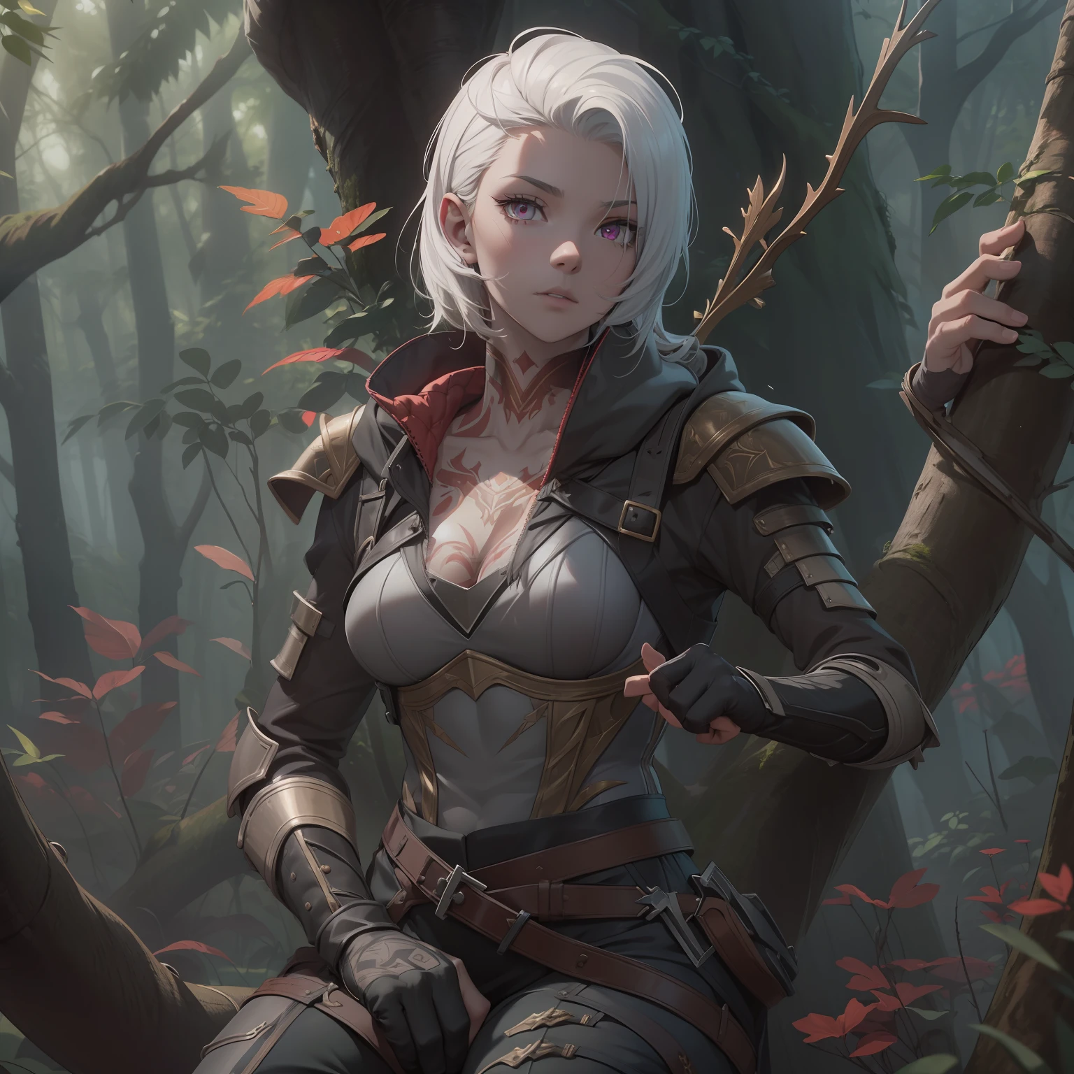 (high res, best quality, masterpiece), soft lighting, vivid colors, HD 4K, adult woman, (solo), ((anthro reptilian woman)), (lizard arms, scaled legs), has a lizard tail, spiked tail, short blond hair, red eyes, (highly detailed eyes), adventurous, in the forest, on a tree branch, tattoos on arms, pale skin, pale complexion, greyish skin, full body, slim body, fitted armor, wearing a breastplate, has on a hood, long pants, pants: Black, leather jacker, fingerless gloves, bow and arrow, hiding in the shadows