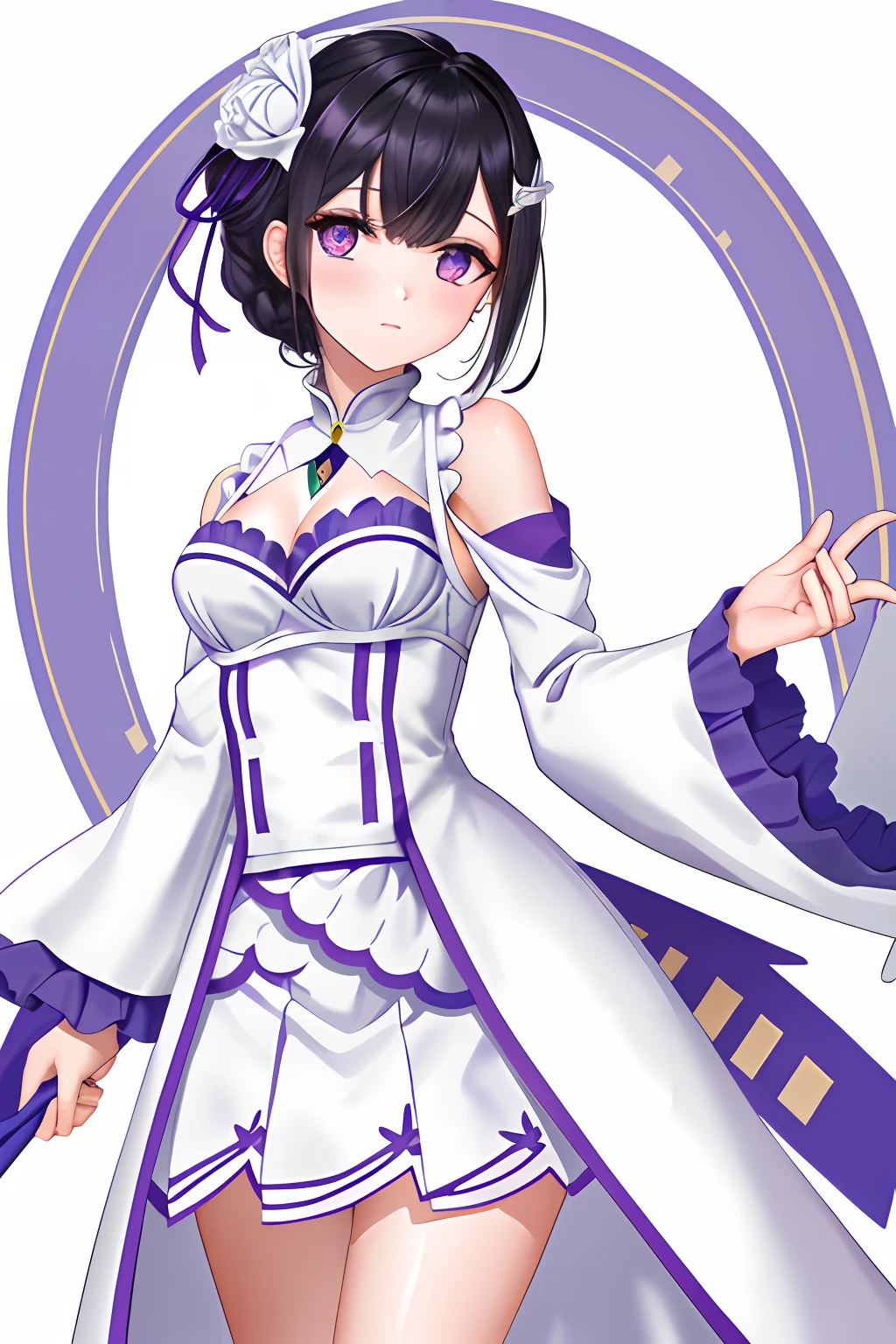 Emilia, 1girl, white_dress, skirt, gold_eagle_on_sleeves,  hair_over_one_eye, black_hair, purple_eyes, gloom_\(expression\)