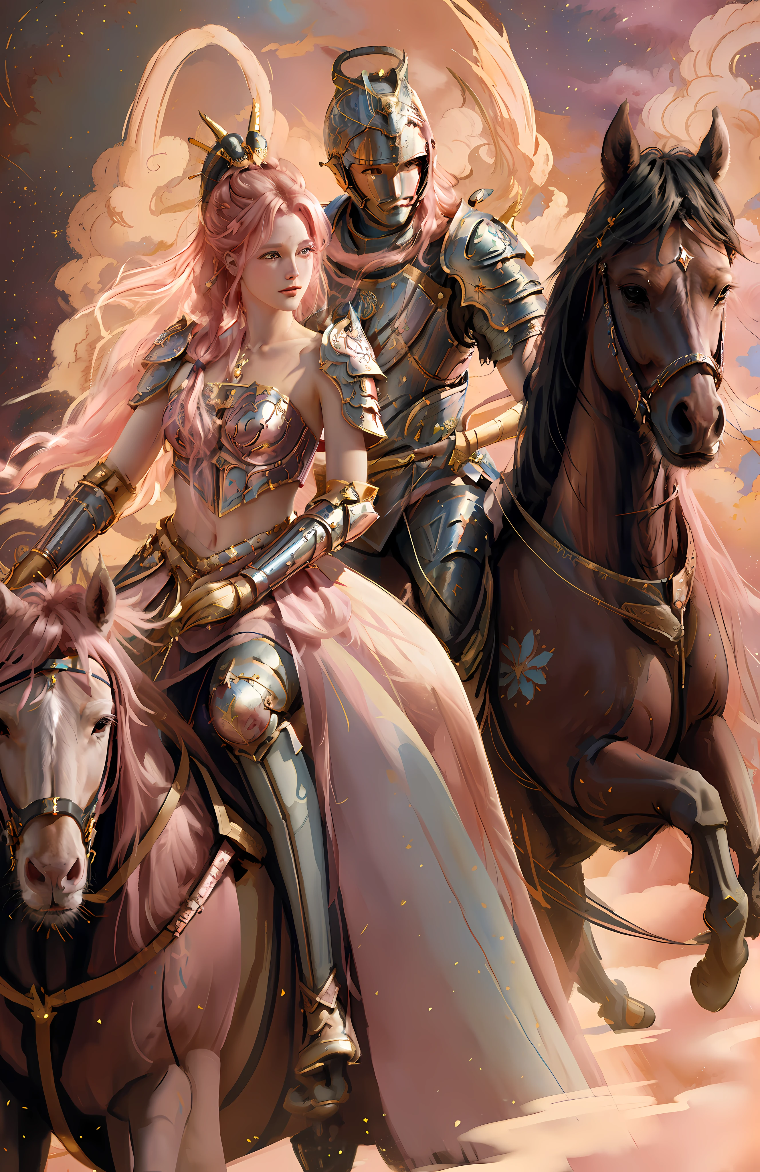 "(((fantastic paintings))), Exquisite and delicate, Golden Armor Knight, ride horse, Cynthia Shepard laughed, Pink hair,longponytail, A princess, beautiful female knight, Strong and handsome male knight,Magali Villeneuve style, Ivan Talavera and the budding style of art, Starry sky decoration, Floral decoration, Decoration on site, Magnificent, Cosmic starry sky style, Tano"