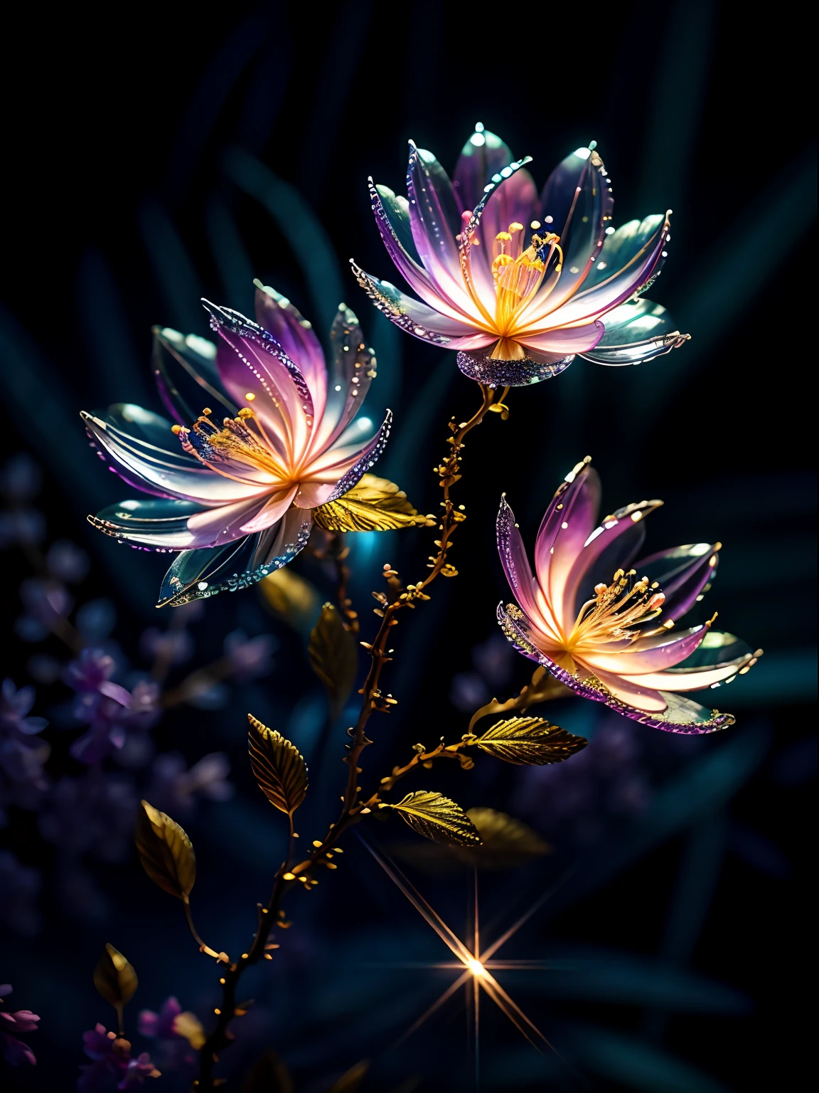 branch of delicate lilac flowers, super transparent, holy light, beautiful spectral light, petals glow, flashing, dark background, drops of transparent light, reflective light, bright, light streaming in, optics, portrait profile, sharp focus, magical, intricate, ultra realistic, fantasy, composition, light, trend on artstation, pearl, patronus cloud of silvery vapor, corrosive enveloping ray family, 8k, ureal ar 23v4 uplight