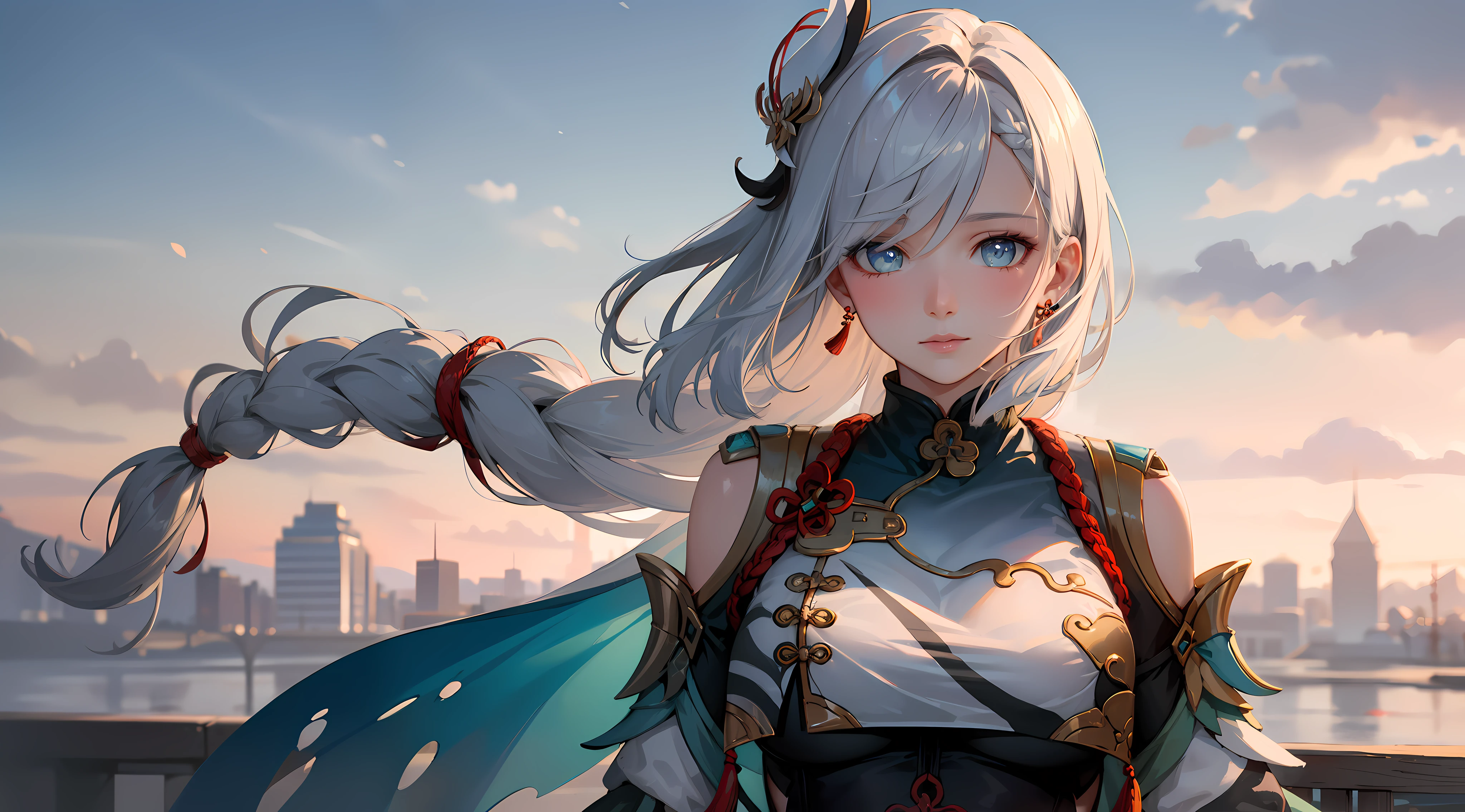 shenhedef, upper body, seductive look, blush, outdoors, snowflake scenery, looking at viewer, cloudy, moody lighting, (perfect detail eyes:1.2), glowing eyes, (long hair one braid:1.2), elemental skill effect, (Masterpiece, Best Quality, High Quality:1.4), professional artwork, Intricate Details, field of view, sharp focus, detailed painting, photorealistic lighting, trending on pixiv, (vivid lighting, vibrant colors:1.05), realistic shadows, ambient occlusion, (athletic body:1.3), mature woman, 30yo, torn clothes