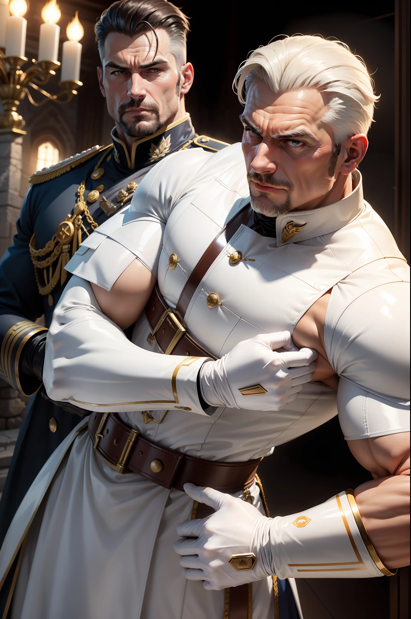 middle aged man,Handsome muscular man,warlord,White gloves,white long gloves,White latex gloves,Marshal of the Empire,the emperor