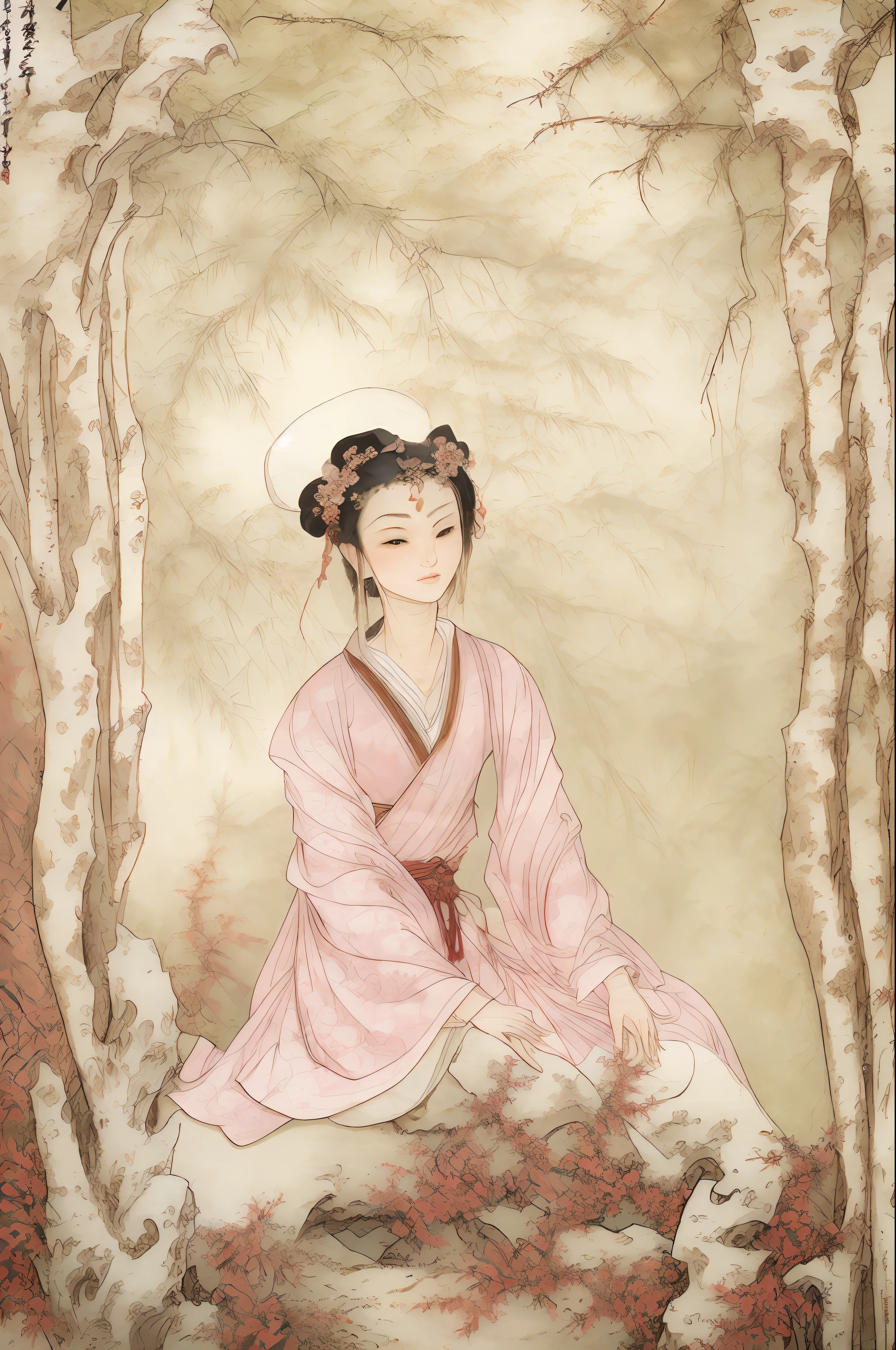 Masterpiece, Best quality,(full bodyesbian:1.3), solo,China depicts the face and eyes of an ancient Chinese man in detail,Bai Juyi,
A sad expression,Gorgeous,Pure,light make-up,Ancient ornaments,Official hair ornaments,
,sharp and clear focus,instagram most viewed, Concept artist, Depth of field,flower, bamboos,steins