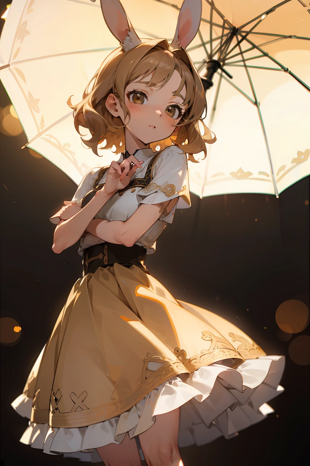 (masterpiece, best quality), intricate details, 8k, sharp focus, (bokeh) (best quality) (detailed skin:1.3) (intricate details) (8k) (detailed eyes) (anime) dark blonde hair, brown eyes, modern, short hair, wavy hair, dynamic pose, skinny, slim, petite, loli, rabbit, bunny, dress, skirt, modest, fancy