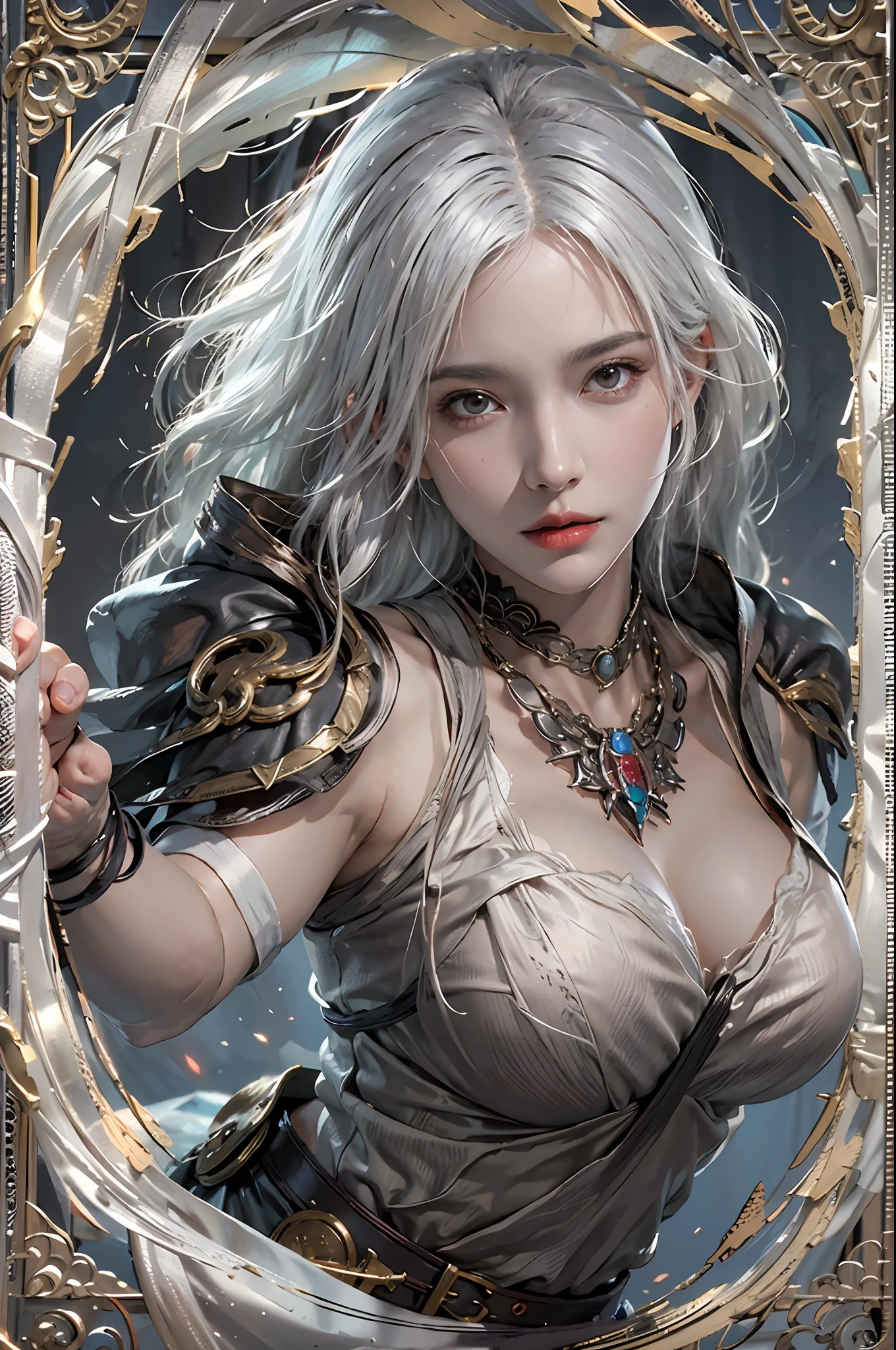 photorealistic, high resolution, 1women, solo, hips up, look at viewer, (detailed face), white hair, sorcerer, dark souls style, fighting with boss, jewelry