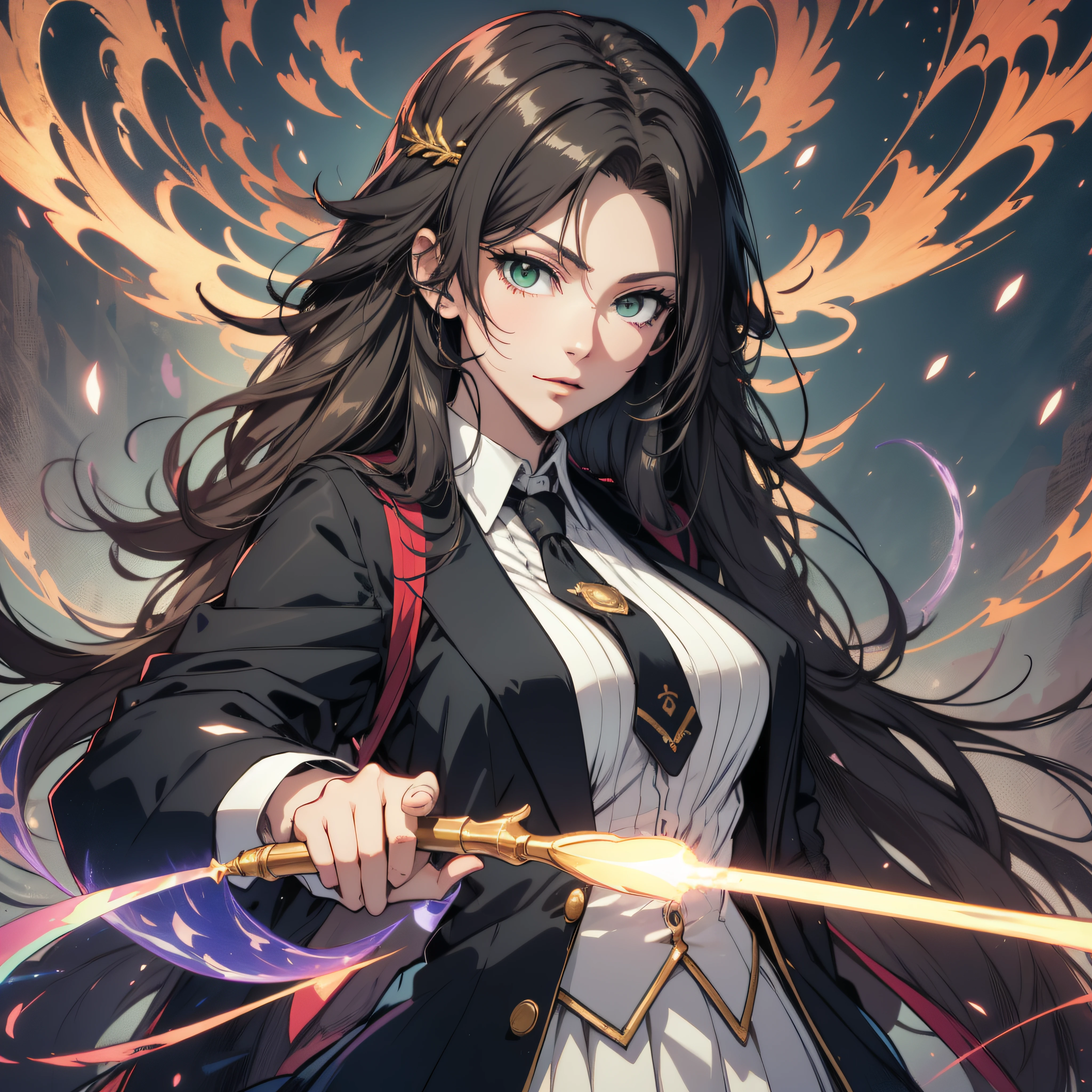 (best quality, masterpiece, ultra-detailed, extremely detailed, highres), 18 years old Anime girl, long raven hair, slightly wavy hair, parted bangs, Magus, magic wand, green eyes, long black coat, white shirt, black skirt, necktie, aristocrat, noble attire, beautiful, ethereal, elegant, prestigious, classic, royal building, royal atmosphere