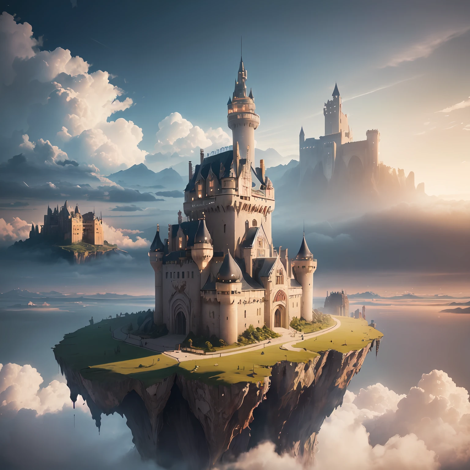 "there's an island floating in the sky among the cloud with castle on it, the castle is full of gear and machinery parts" castle in the sky, floating castle, cloud, (cinematic, 8K, masterpiece, glorious background, dynamic lighting, zoom out, extremely ultra high detail, mesmerizing landscape views)