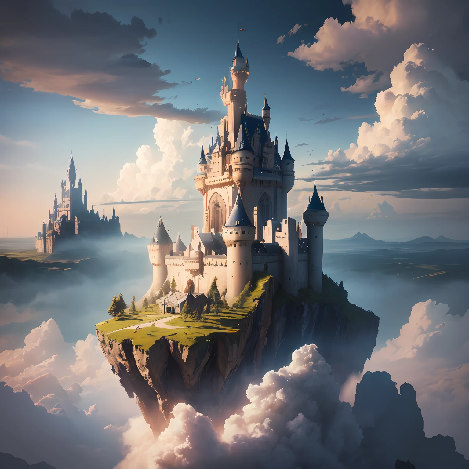 "there's an island floating in the sky among the cloud with castle on it, the castle is full of gear and machinery parts" castle in the sky, floating castle, cloud, (cinematic, 8K, masterpiece, glorious background, dynamic lighting, zoom out, extremely ultra high detail, mesmerizing landscape views)