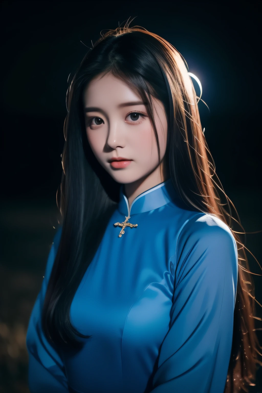 top-quality、Blue Ao Dai、Beautuful Women、18year old、Downcast eyes、The upper part of the body、A dark-haired、super-detaild skin、nighttime scene