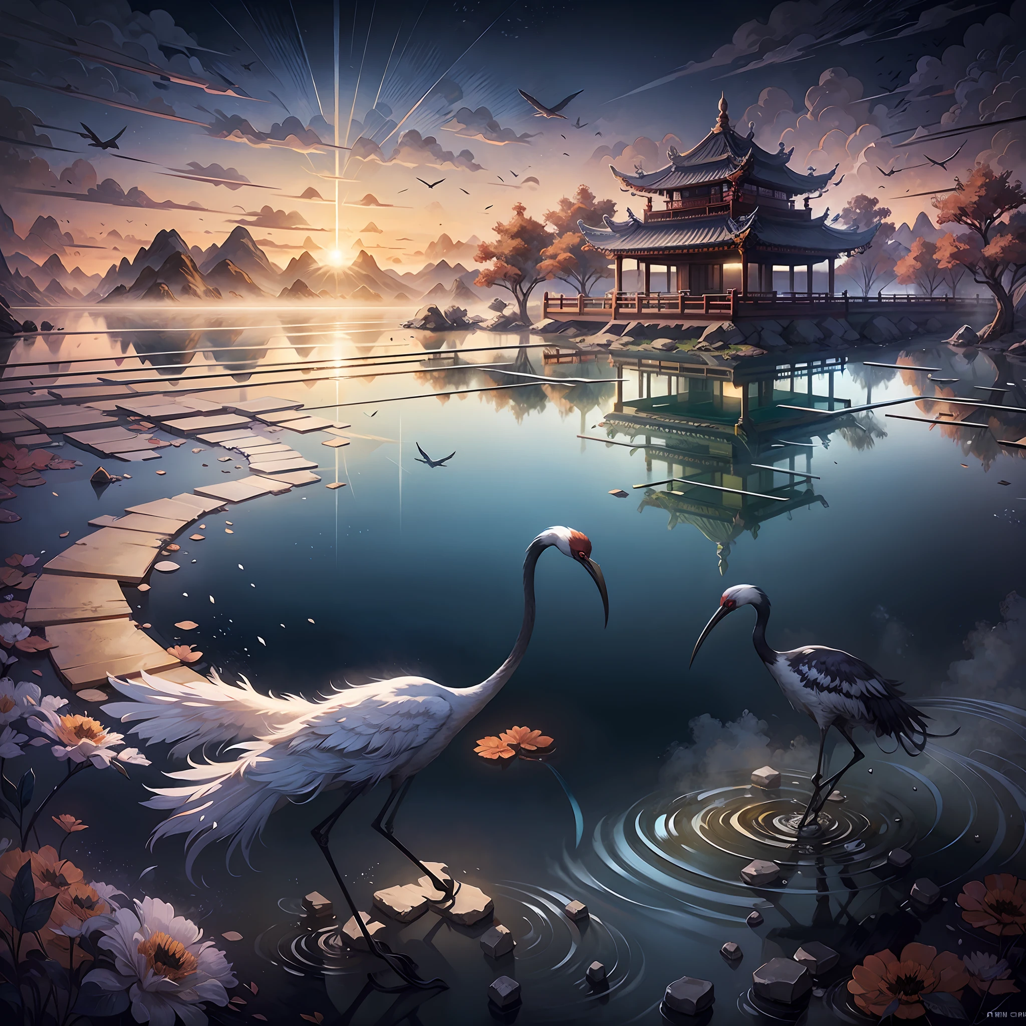 The sunset and the solitary crane fly together,The autumn water is the same for a long time,Chinese wind mountains, rios, Auspicious clouds, Pavilions, rays of sunshine, tmasterpiece, super detailing, Epic composition, hyper HD, high qulity, extremely detaile, offcial art, 统一 8k 壁纸, super detailing, 32k