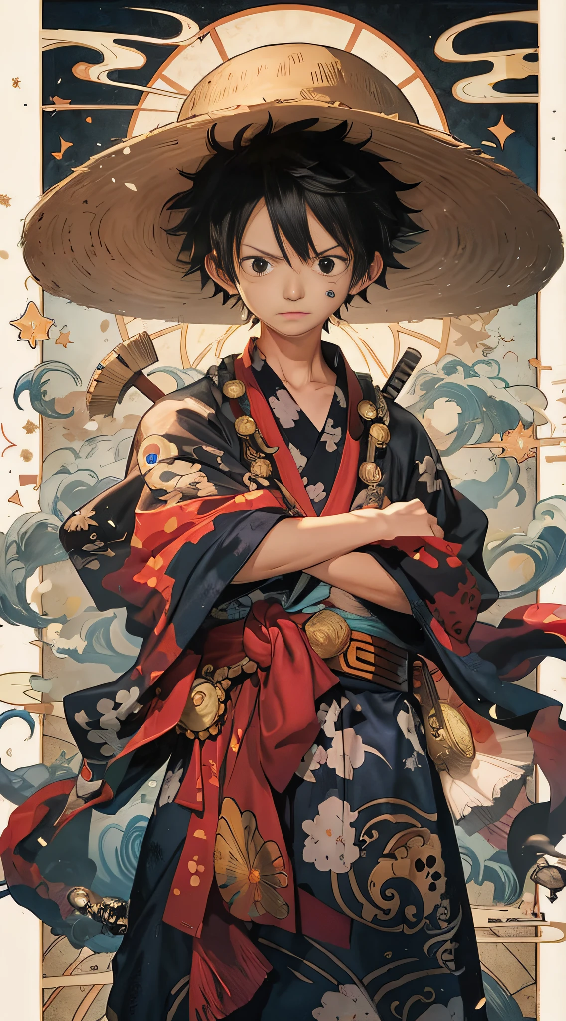 A man in a hat and kimono stands in front of a painting, inspired by Eiichiro Oda, Eiichiro Oda style, style of eiichiro oda, author:Joichiro Oda, inspirado em Okumura Masanobu, An anime cover, Luffy, luffy dressed as naruto, Official anime artwork, Luffy (One Piece, author:Tite Kubo, One Piece style