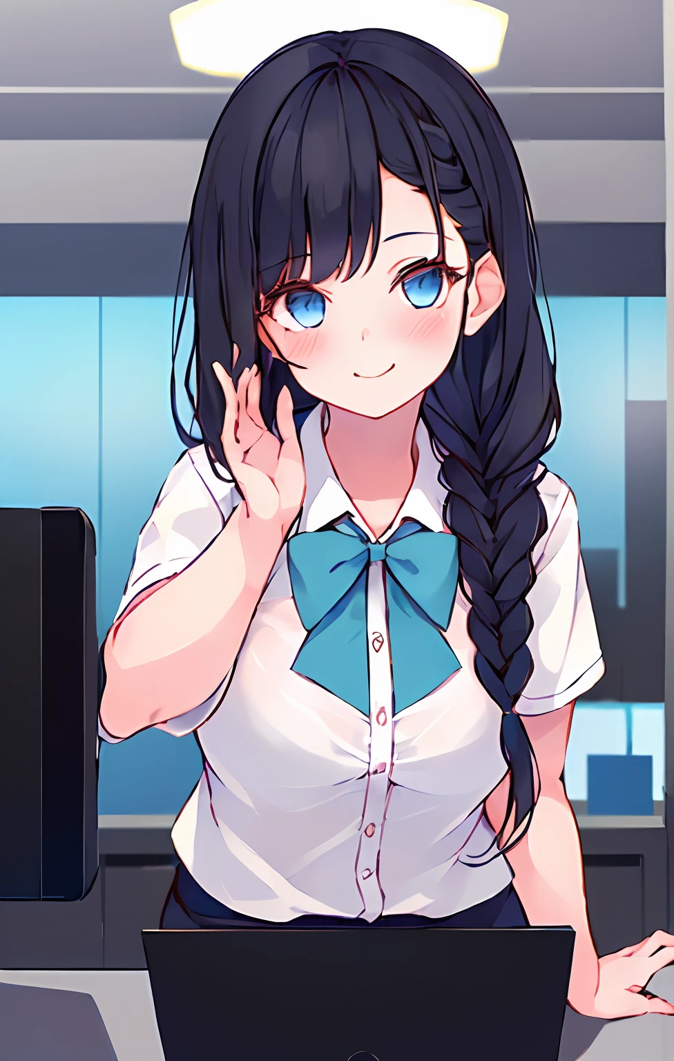 1girl in、receptionist、Receptionist girl、A refreshing smile、Work clothes、A dark-haired、Light blue eyes staring at the viewer、Long、Braiding、kawaii、teens girl、magia