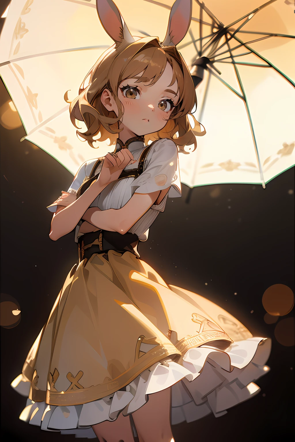 (masterpiece, best quality), intricate details, 8k, sharp focus, (bokeh) (best quality) (detailed skin:1.3) (intricate details) (8k) (detailed eyes) (anime) dark blonde hair, brown eyes, modern, short hair, wavy hair, dynamic pose, skinny, slim, petite, loli, rabbit, bunny, dress, skirt, modest, fancy