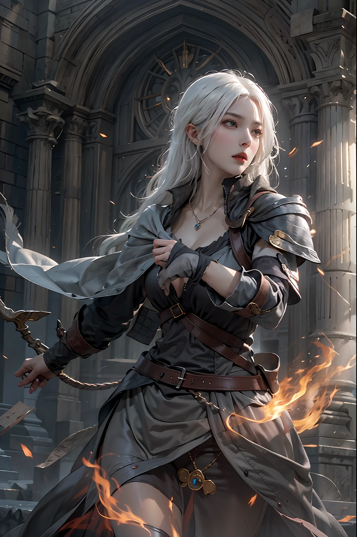 photorealistic, high resolution, 1women, solo, hips up, look at viewer, (detailed face), white hair, sorcerer, dark souls style, fighting with boss, jewelry