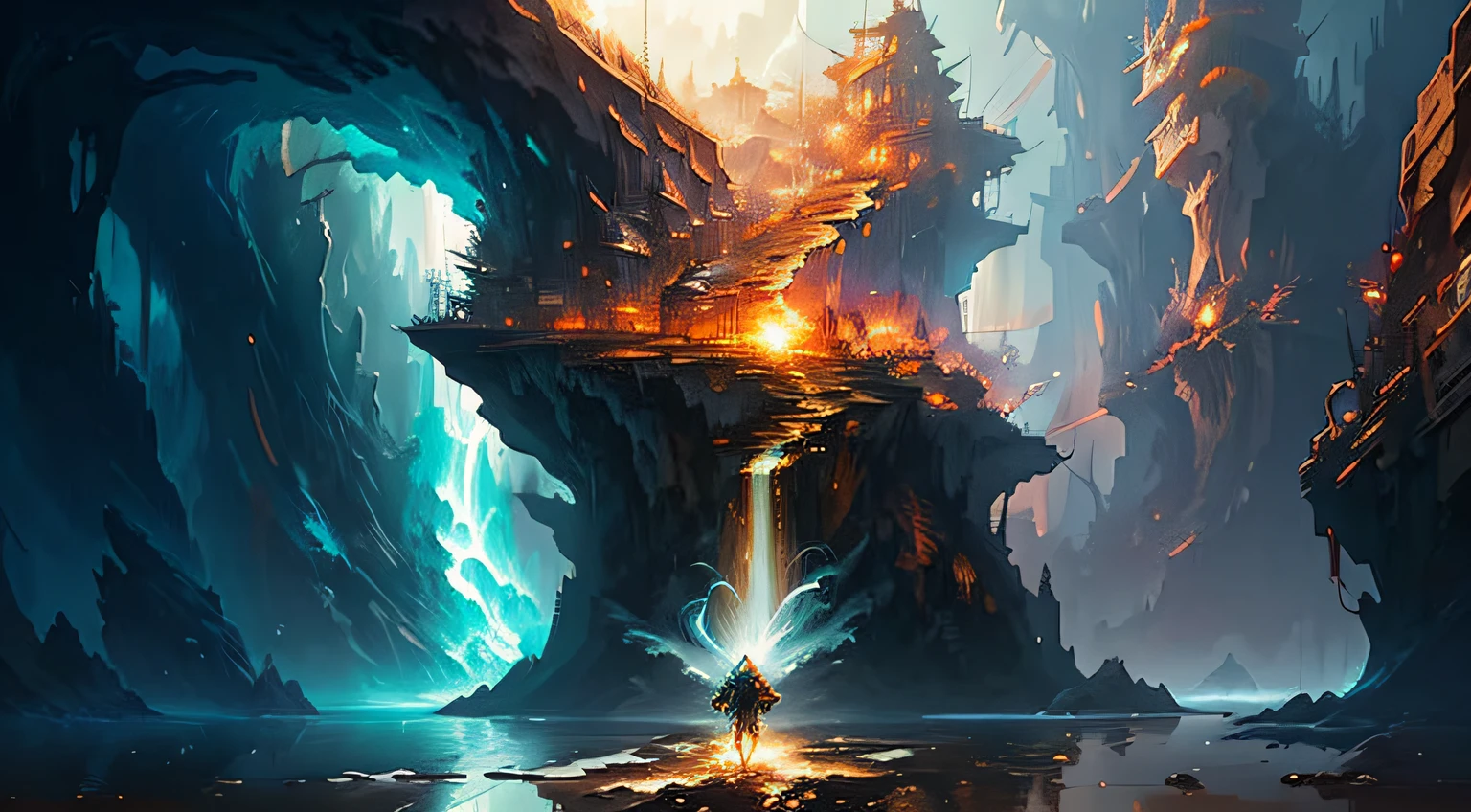 Splash art surreal, by Hikari Shimoda and Gediminas Pranckevicius and Peter Mohrbacher, digital art, dnd, golden hour, trending on artstation, rule of thirds, (waterfall:0.8),