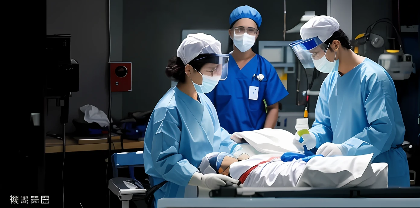 In the hospital, several doctors wearing protective suits, dust caps, goggles, gloves, and operating on the operating table,On the middle table lay a man covered with a blue cloth