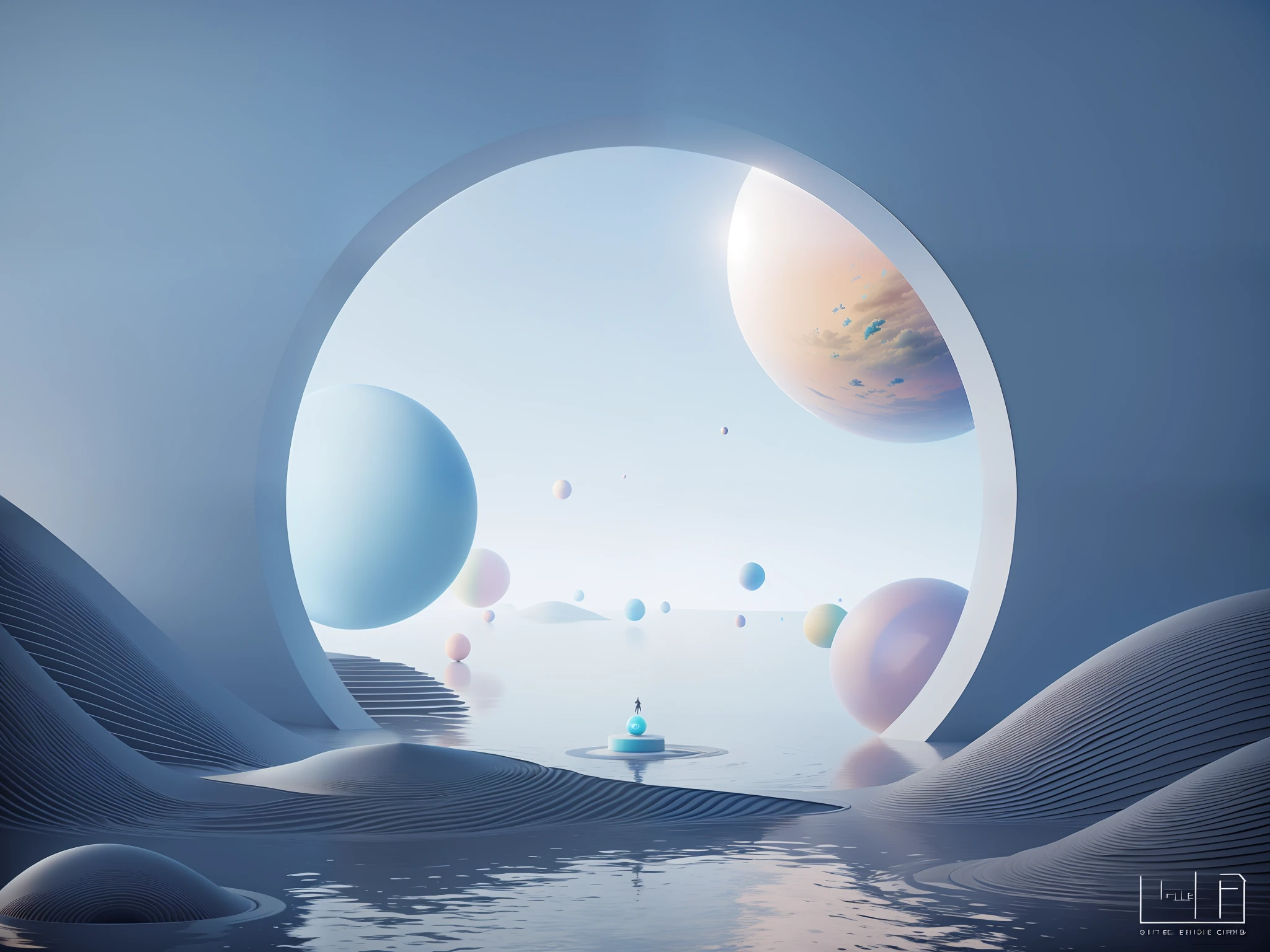 There is a large circle, surreal 3 d render, Surrealism 8k, otherworldly visuals, in a surreal dream landscape, floating spheres and shapes, a surreal dream landscape, hyperrealistic compositions, 3 d render beeple, surreal dreamscape, digital art render, in the art style of filip hodas, dreamlike surrealism