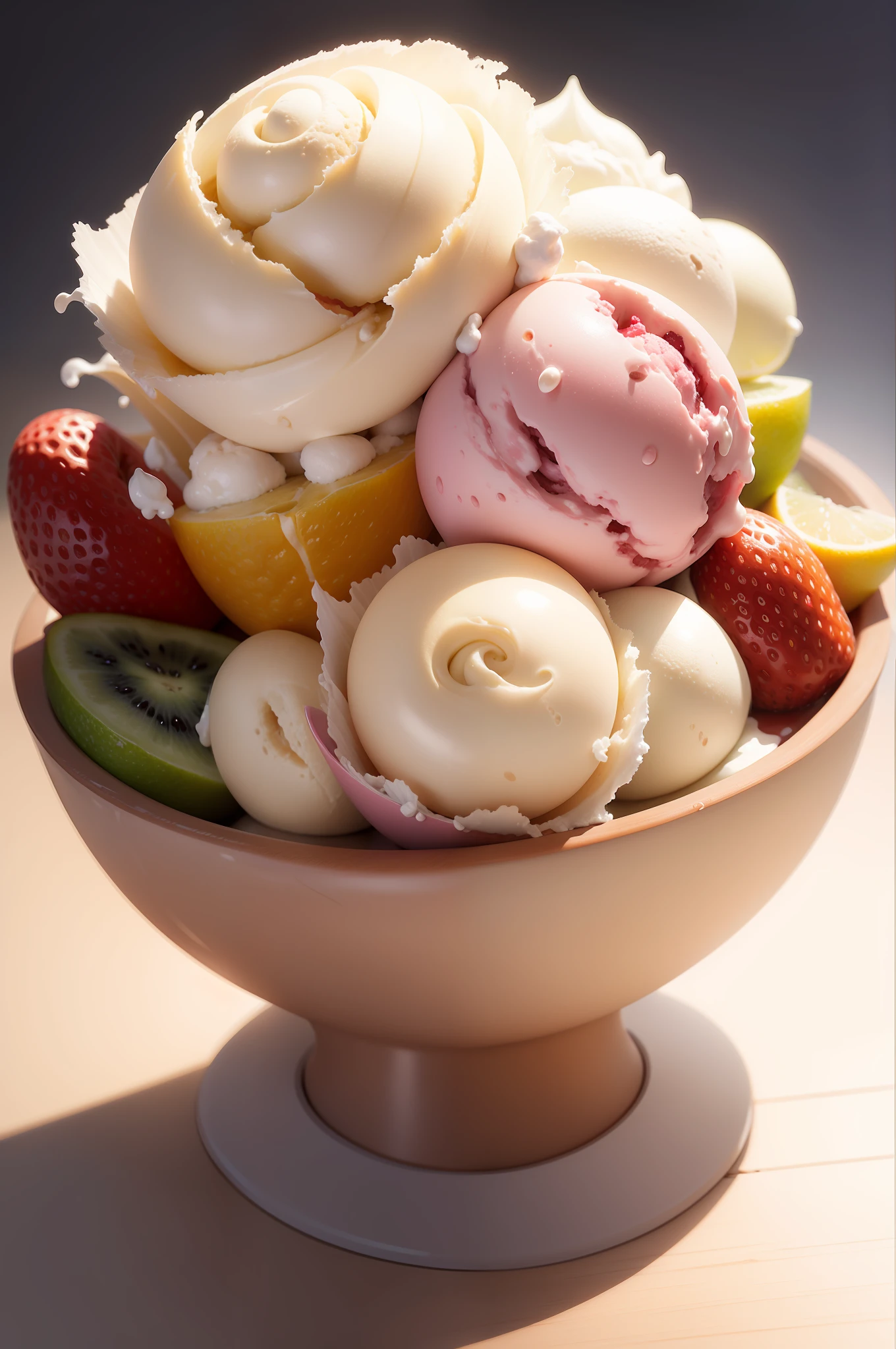 high end photography, digital painting, ultra clean high definition, fruits ice cream, white background