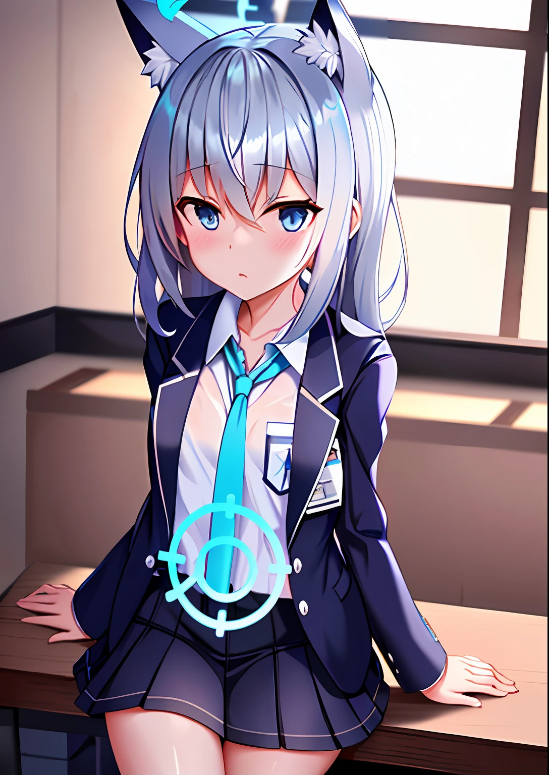 shiroko \(Blue Archive\),school uniform,Skirt,Animal ears,Halo,Blue sky,Masterpiece,Best quality,Ultra-detailed, Ray tracing,Perfect lighting, Cowboy shot,(Shiny skin:1.2)[wet with oil:0.3],Reflection,