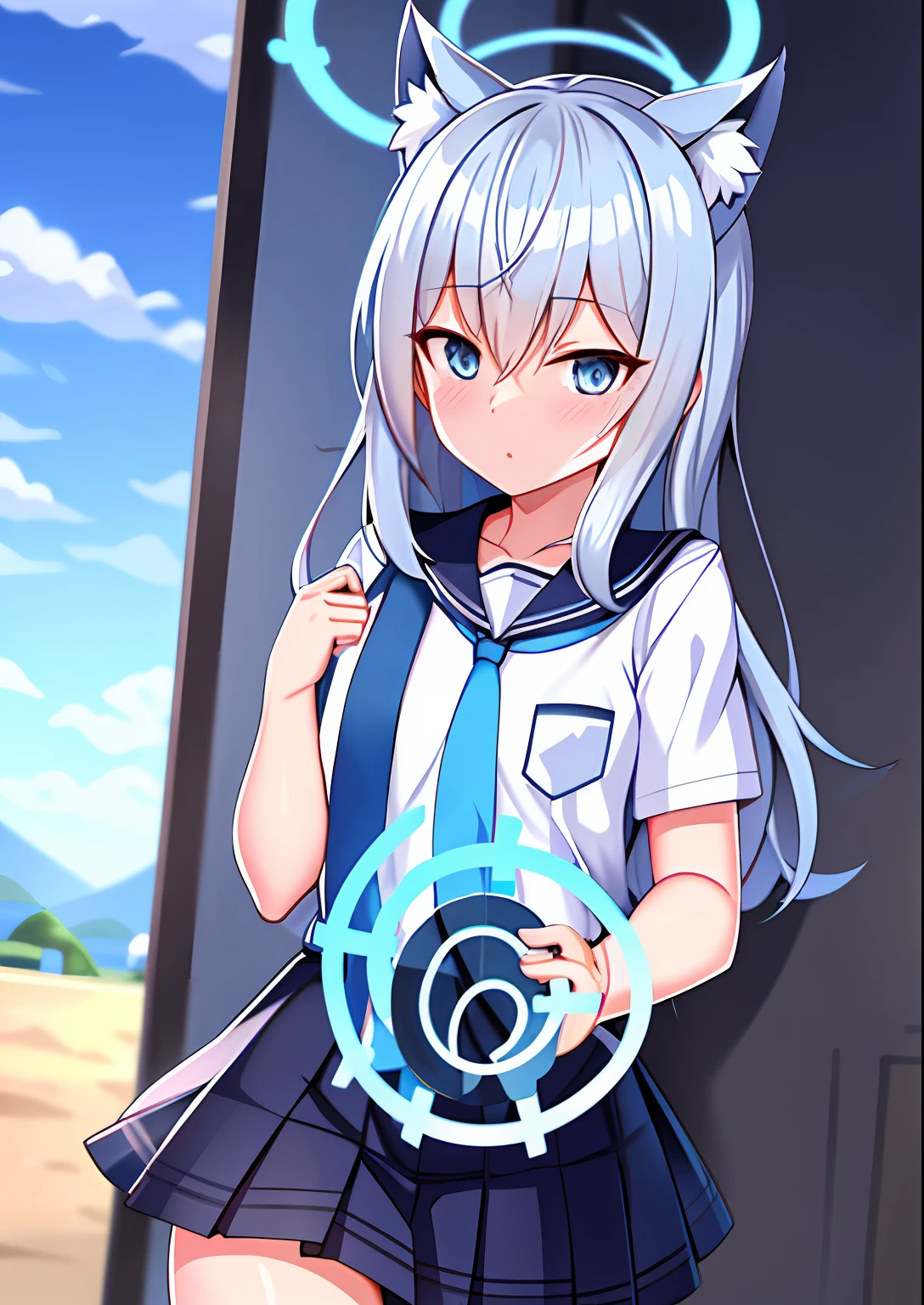 shiroko \(Blue Archive\),school uniform,Skirt,Animal ears,Halo,Blue sky,Masterpiece,Best quality,Ultra-detailed, Ray tracing,Perfect lighting, Cowboy shot,(Shiny skin:1.2)[wet with oil:0.3],Reflection,