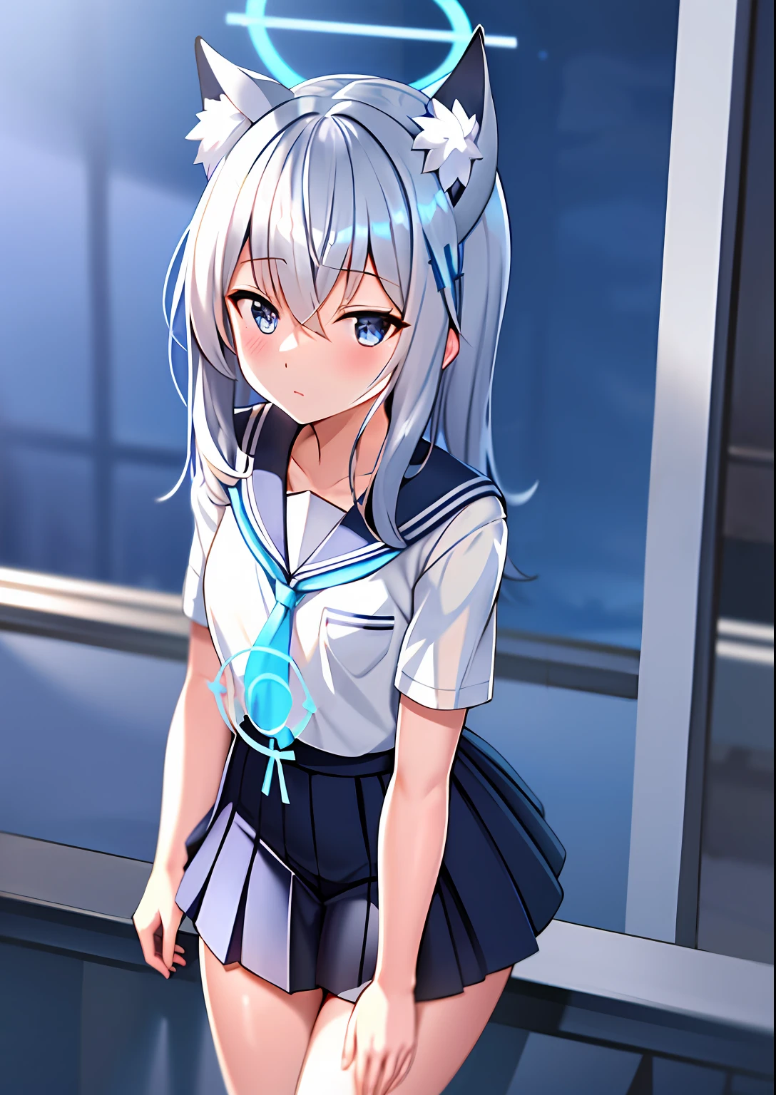 shiroko \(Blue Archive\),school uniform,Skirt,Animal ears,Halo,Blue sky,Masterpiece,Best quality,Ultra-detailed, Ray tracing,Perfect lighting, Cowboy shot,(Shiny skin:1.2)[wet with oil:0.3],Reflection,